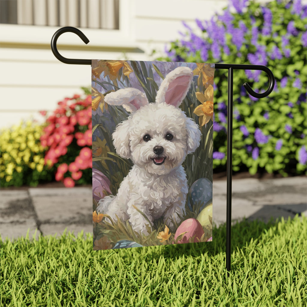 Pink Bunny Ears Bichon Frise Easter Garden Flag - close-up detail - Dragonfire Gardens