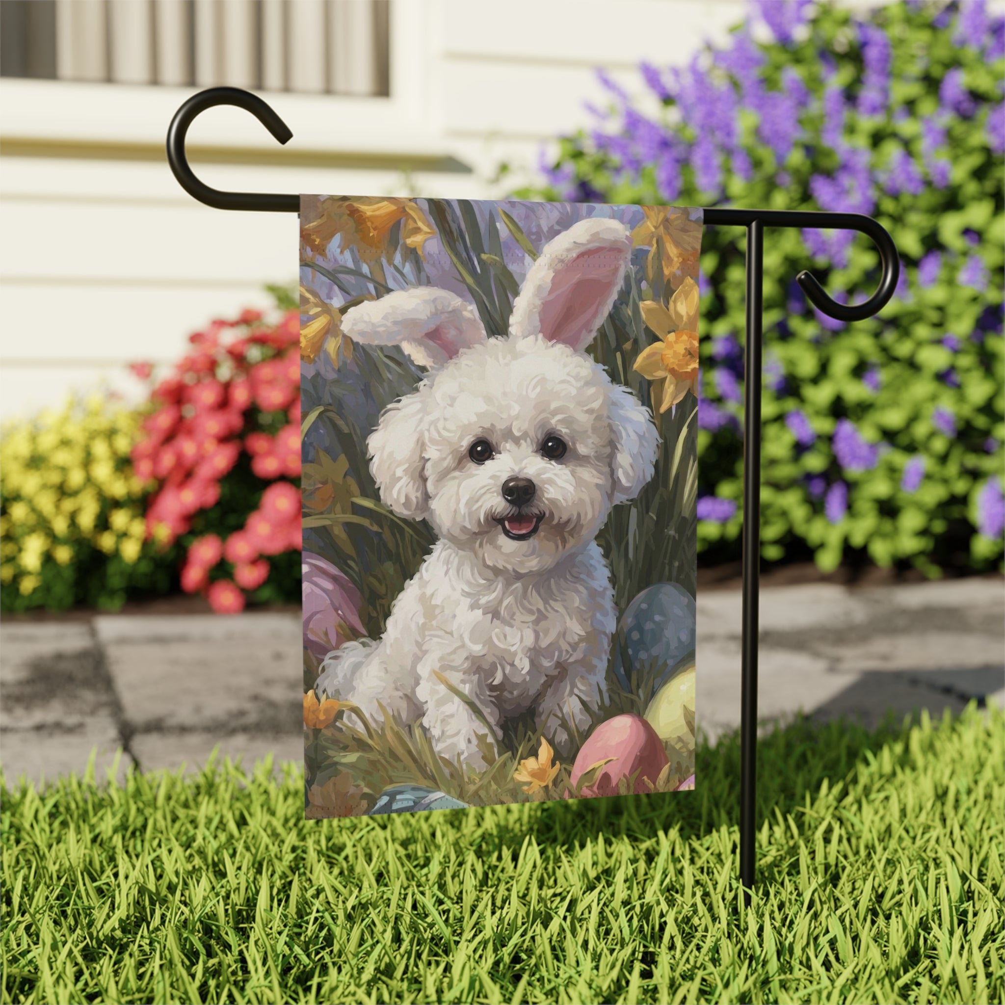 Pink Bunny Ears Bichon Frise Easter Garden Flag