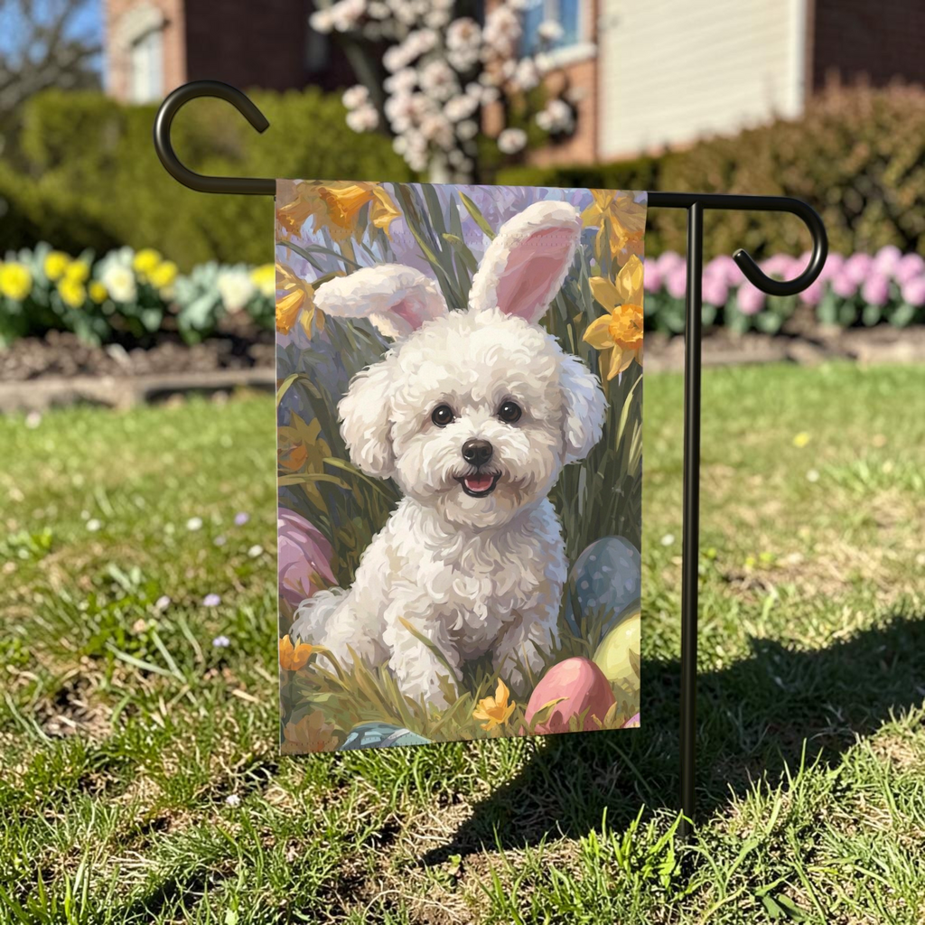 Pink Bunny Ears Bichon Frise Easter Garden Flag - outdoor display - Dragonfire Gardens