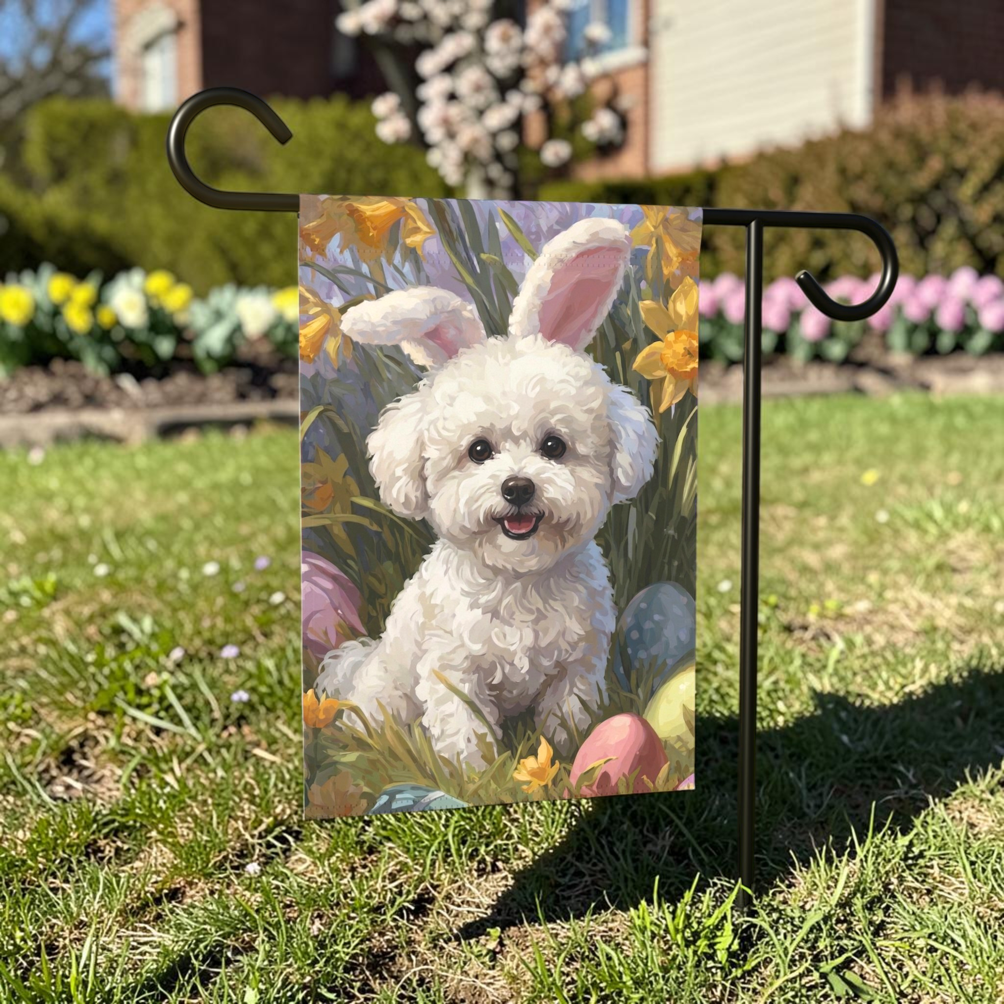 Pink Bunny Ears Bichon Frise Easter Garden Flag