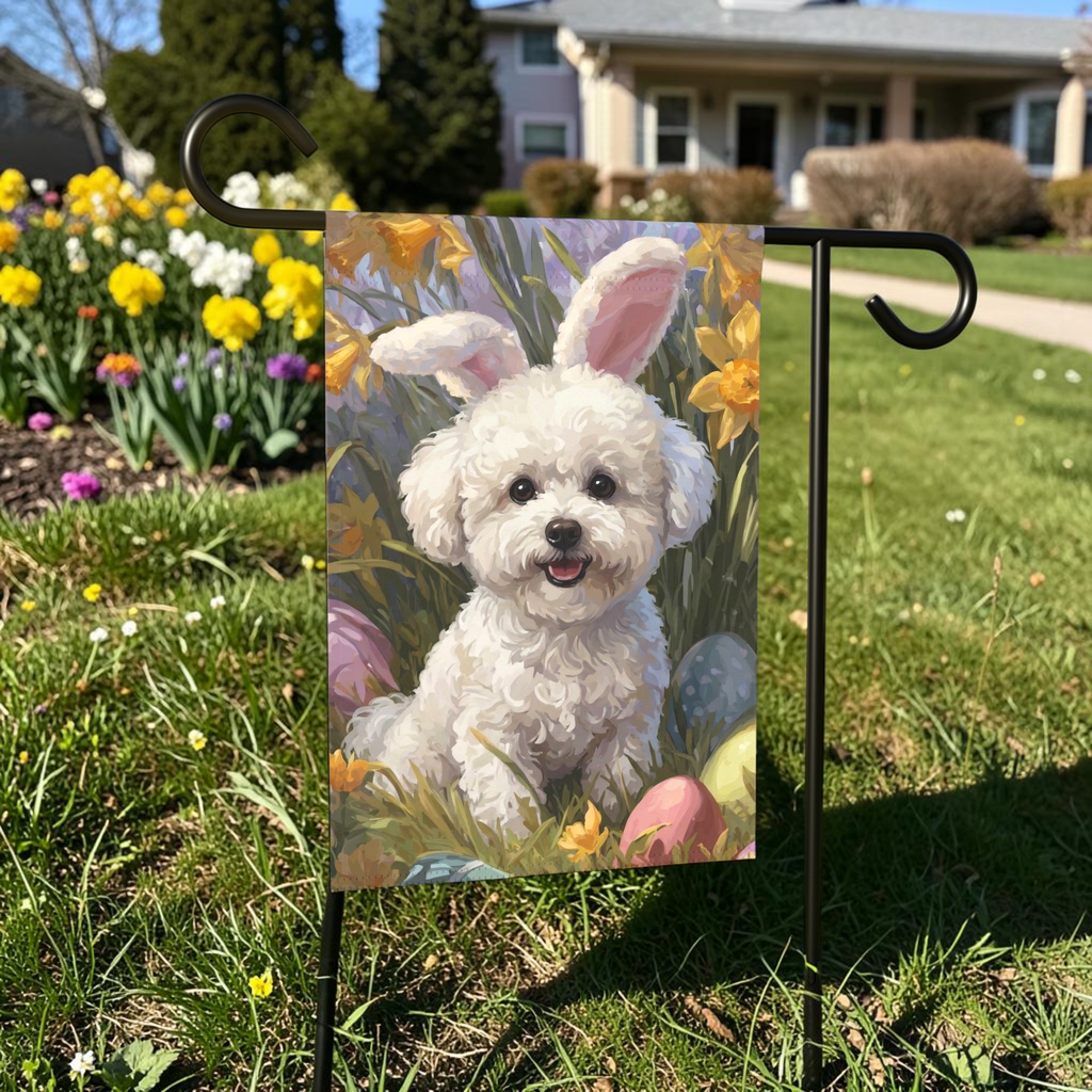 Pink Bunny Ears Bichon Frise Easter Garden Flag - lifestyle display - Dragonfire Gardens