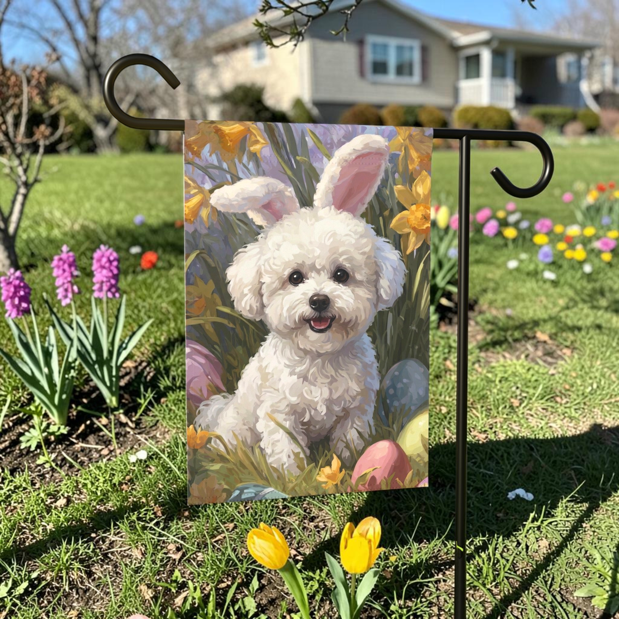 Pink Bunny Ears Bichon Frise Easter Garden Flag