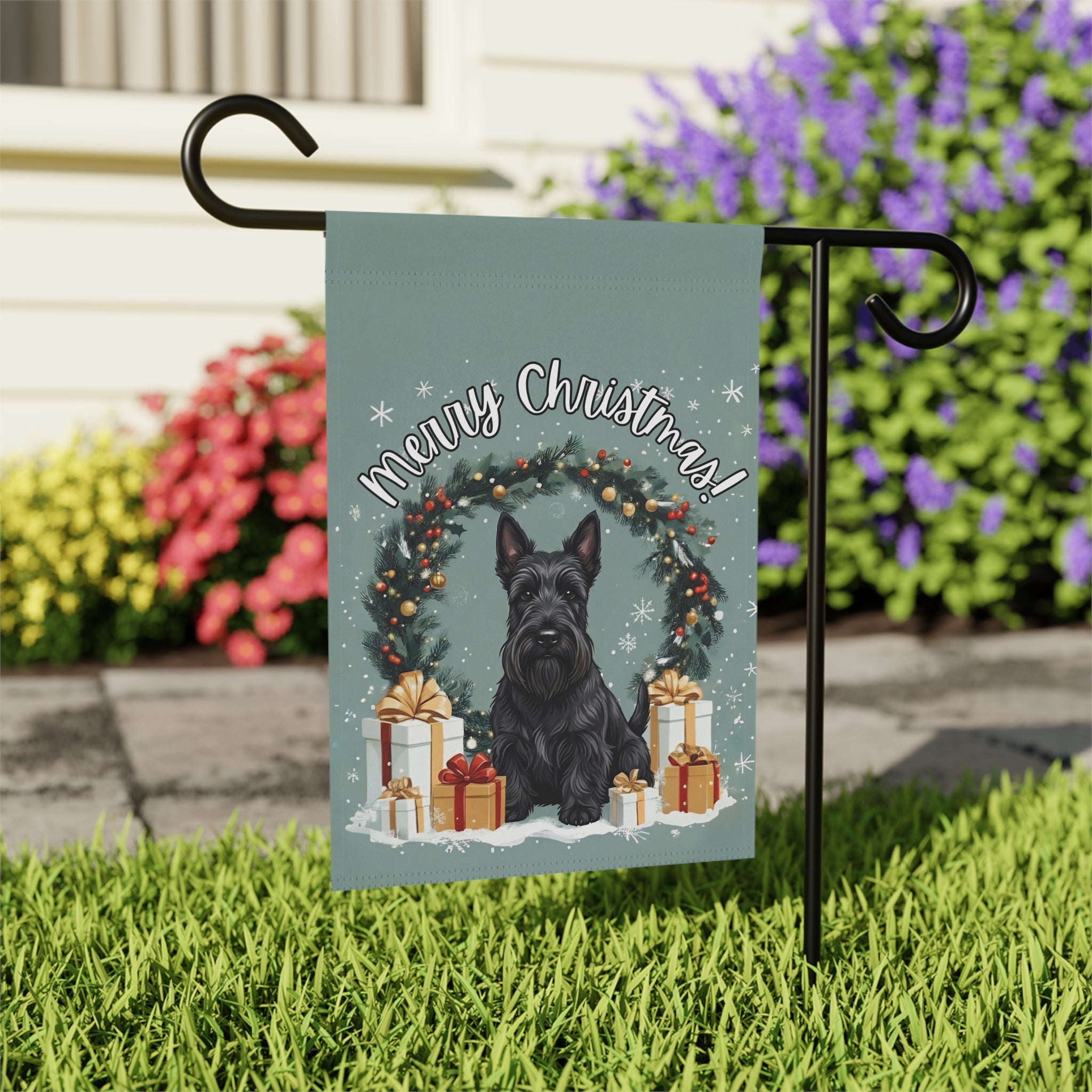 Merry Christmas Scottish Terrier Garden Flag - close-up detail - Dragonfire Gardens