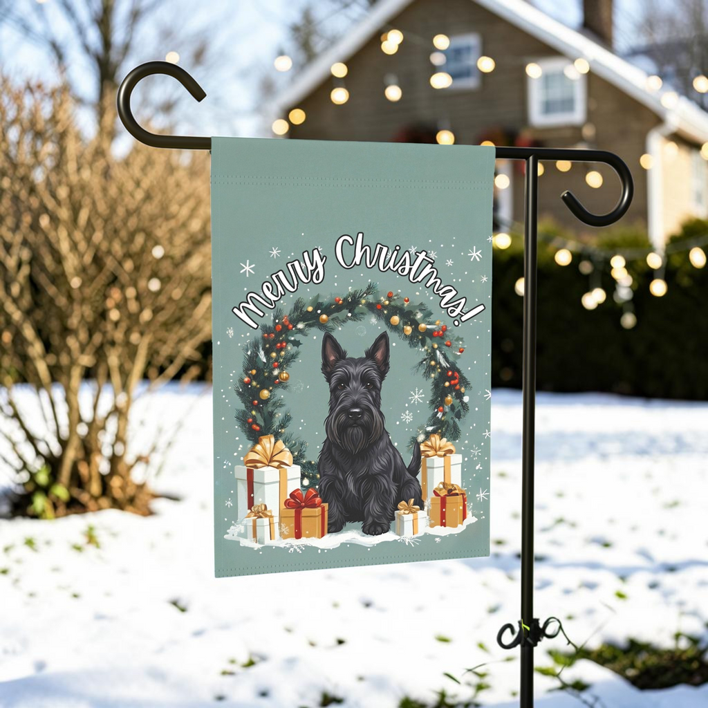 Merry Christmas Scottish Terrier Garden Flag - lifestyle display - Dragonfire Gardens
