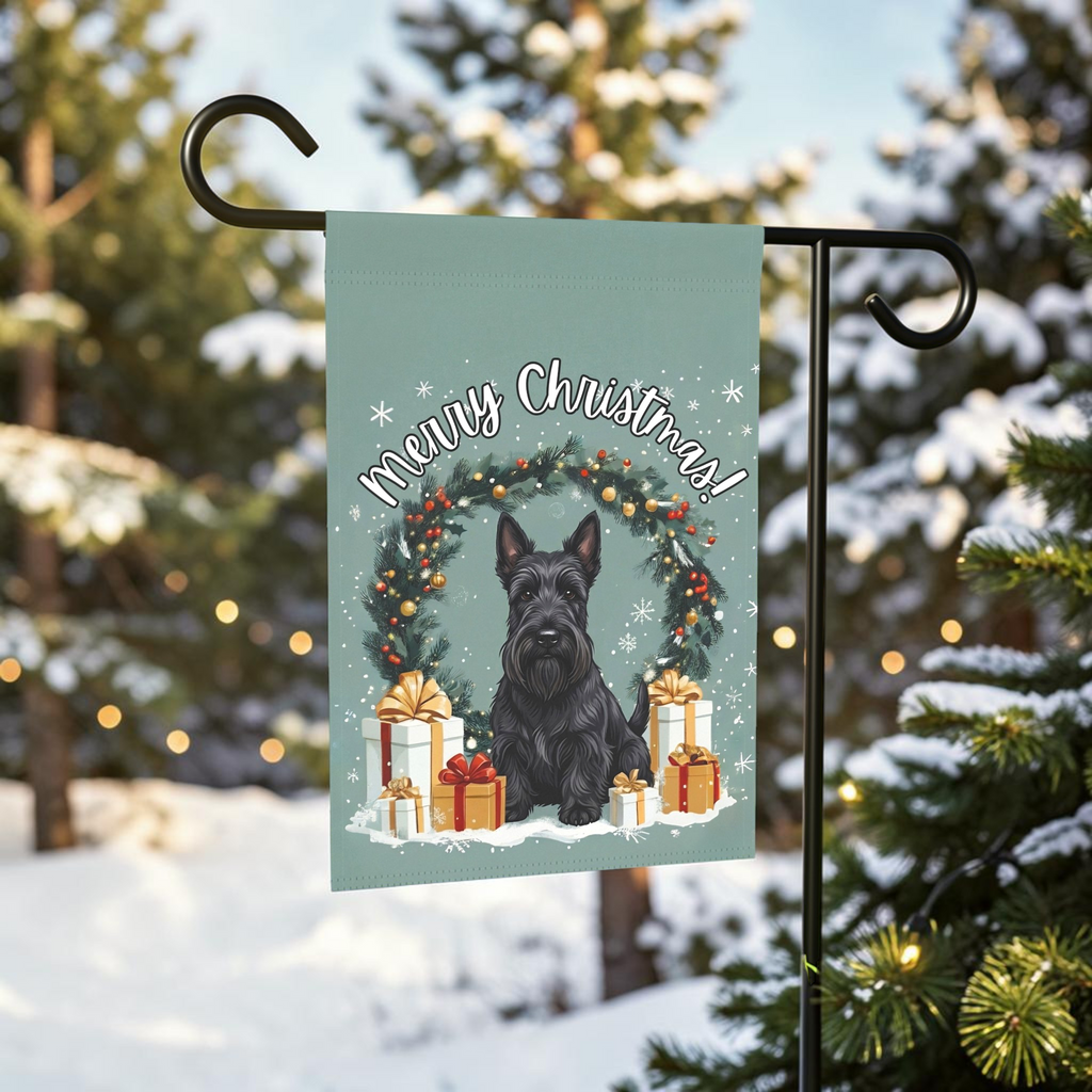 Merry Christmas Scottish Terrier Garden Flag - front view - Dragonfire Gardens