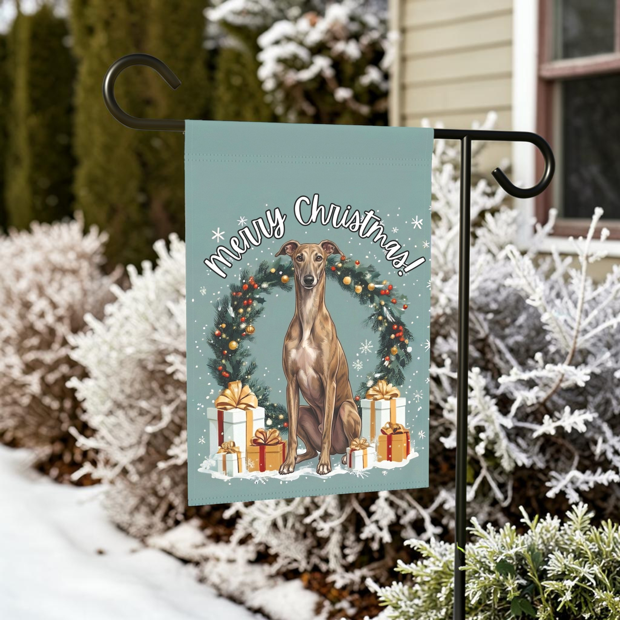 Merry Christmas Greyhound Garden Banner Garden Flag - front view - Dragonfire Gardens