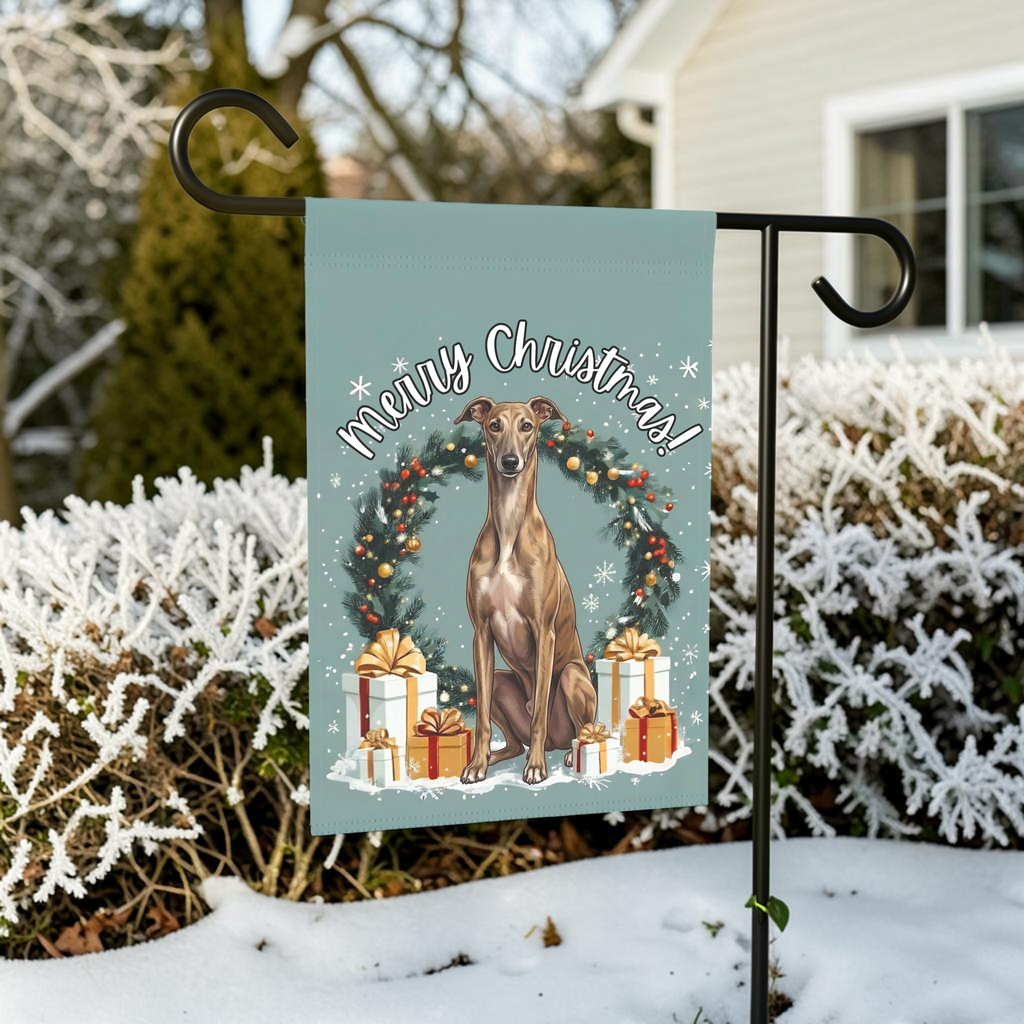 Merry Christmas Greyhound Garden Banner Garden Flag - outdoor display - Dragonfire Gardens