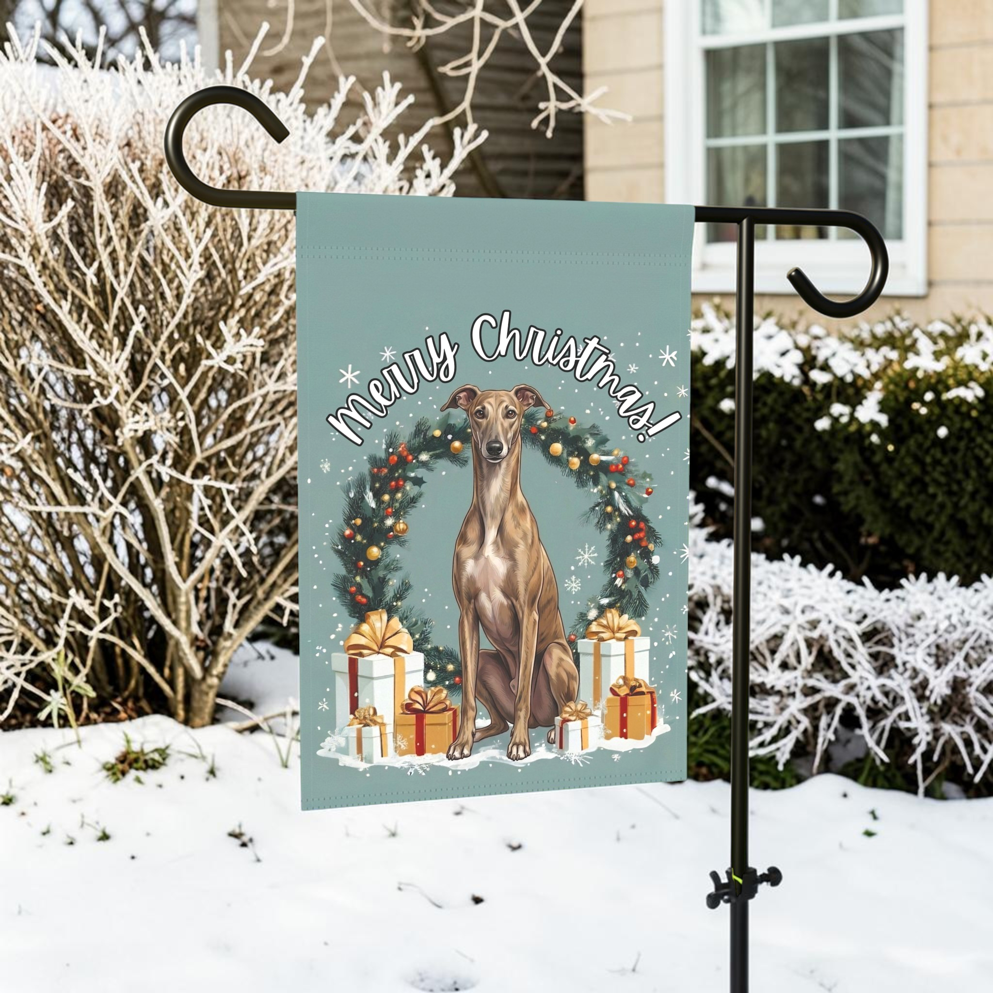 Merry Christmas Greyhound Garden Banner Garden Flag - lifestyle display - Dragonfire Gardens