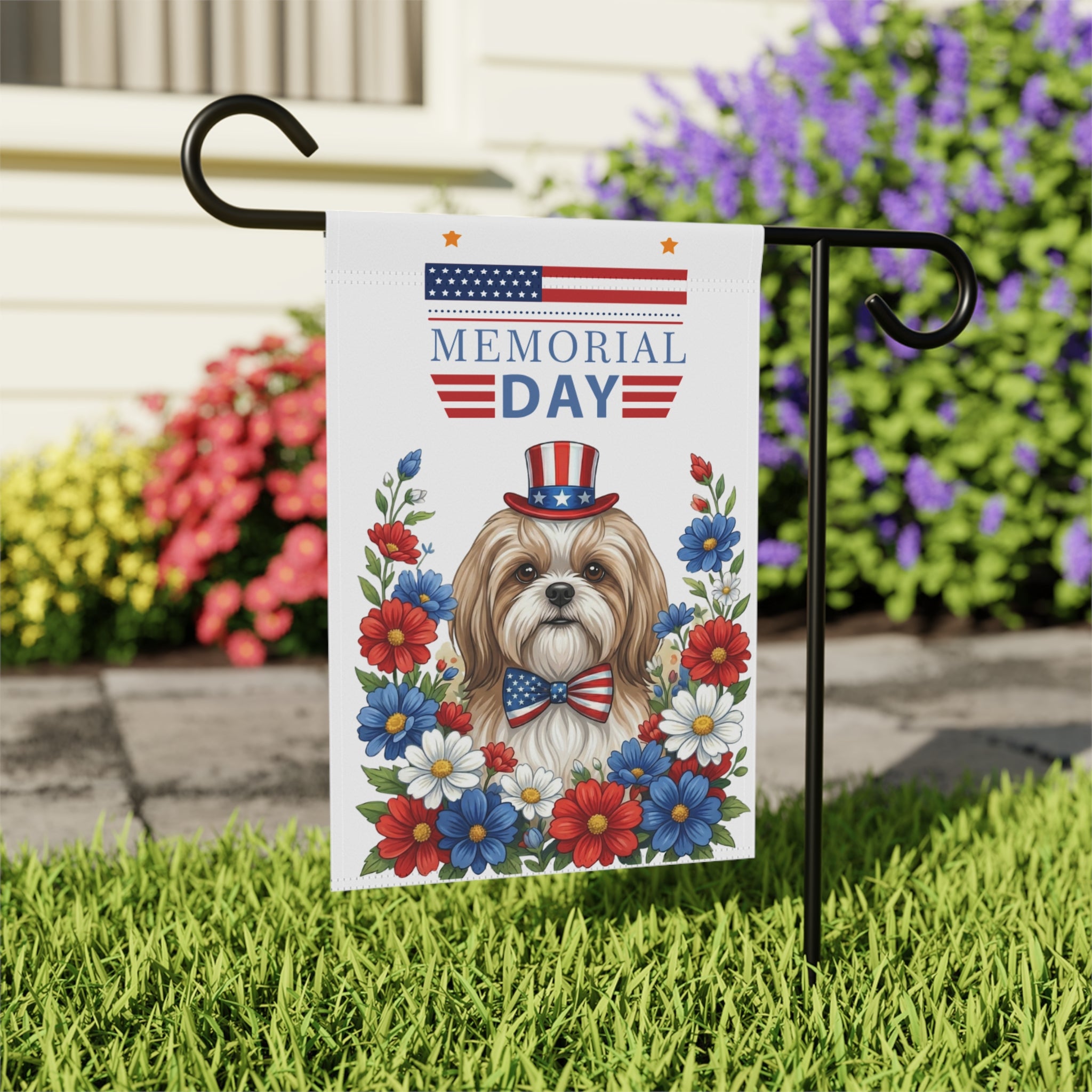 Memorial Day Shih Tzu Garden Flag - close-up detail - Dragonfire Gardens