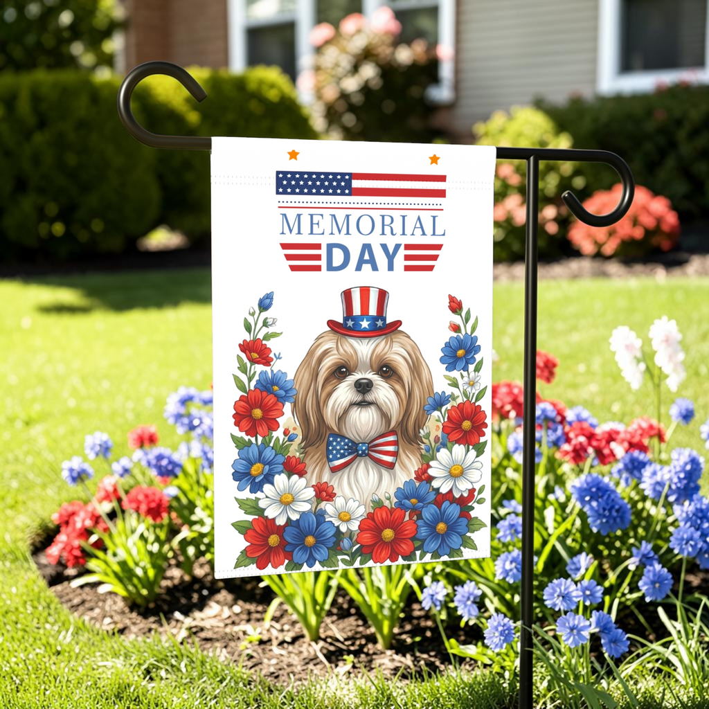 Memorial Day Shih Tzu Garden Flag - lifestyle display - Dragonfire Gardens