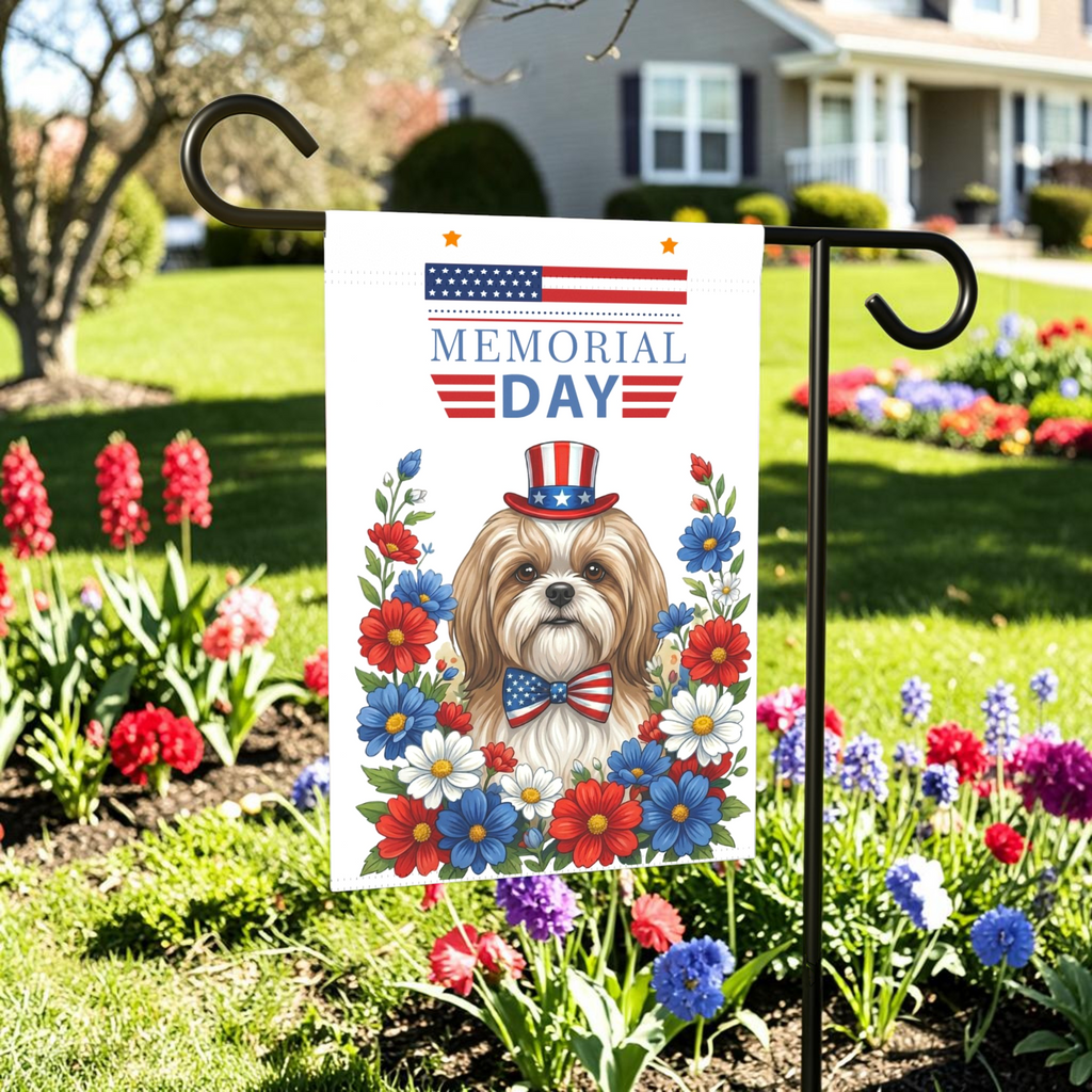 Memorial Day Shih Tzu Garden Flag - front view - Dragonfire Gardens