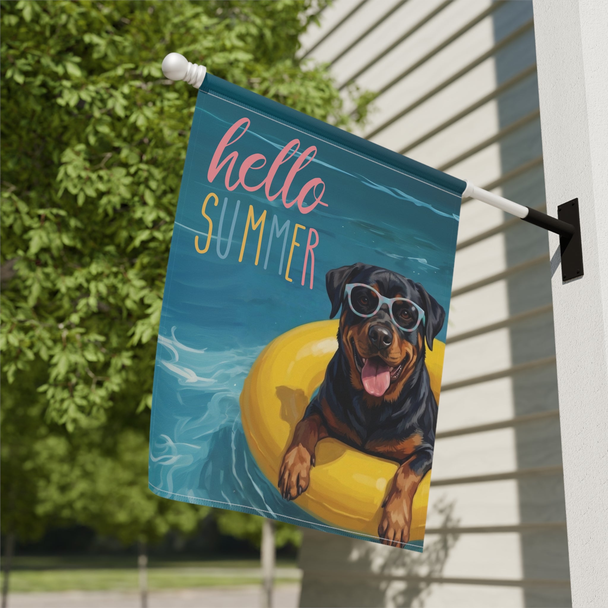 Hello Summer Rottweiler Garden Flag - yard display - Dragonfire Gardens