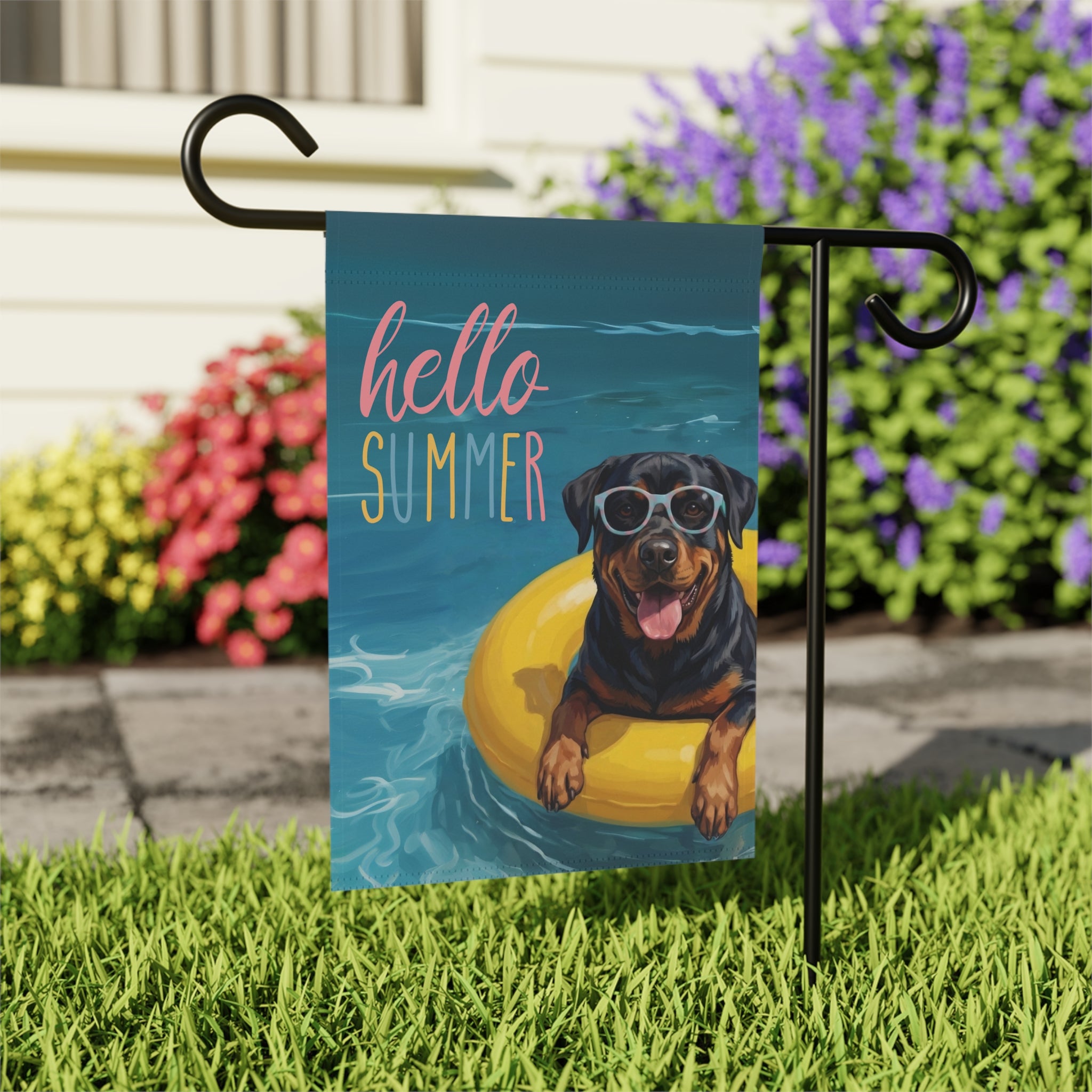 Hello Summer Rottweiler Garden Flag
