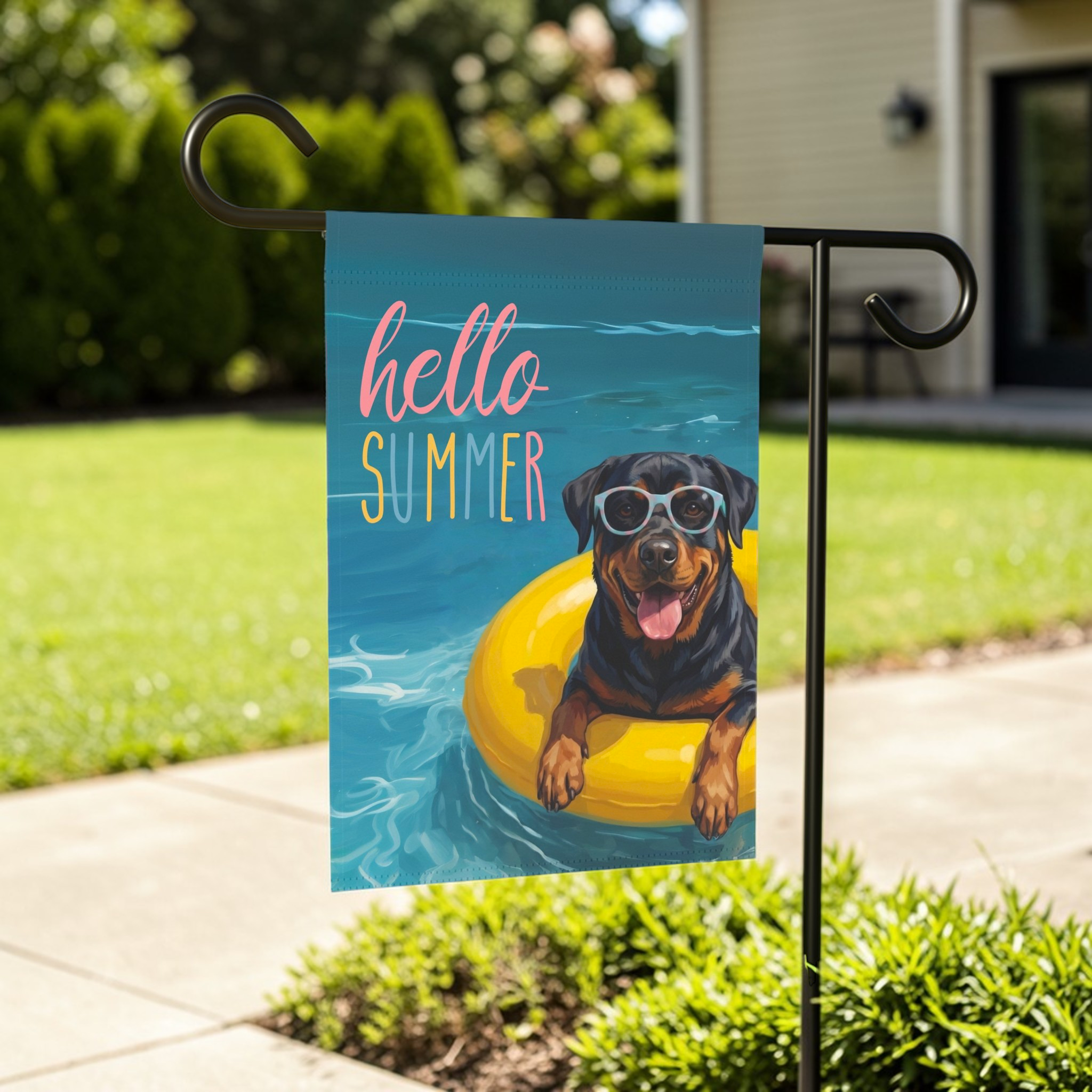 Hello Summer Rottweiler Garden Flag