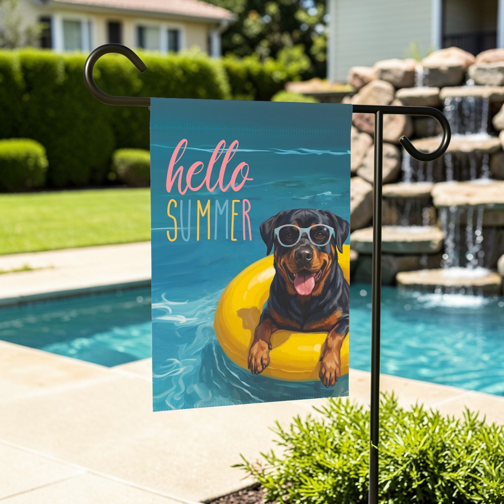 Hello Summer Rottweiler Garden Flag