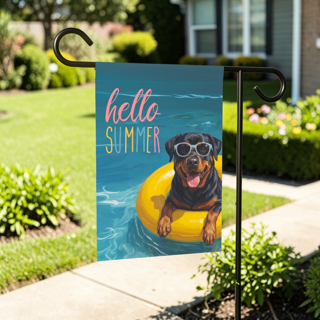 Hello Summer Rottweiler Garden Flag