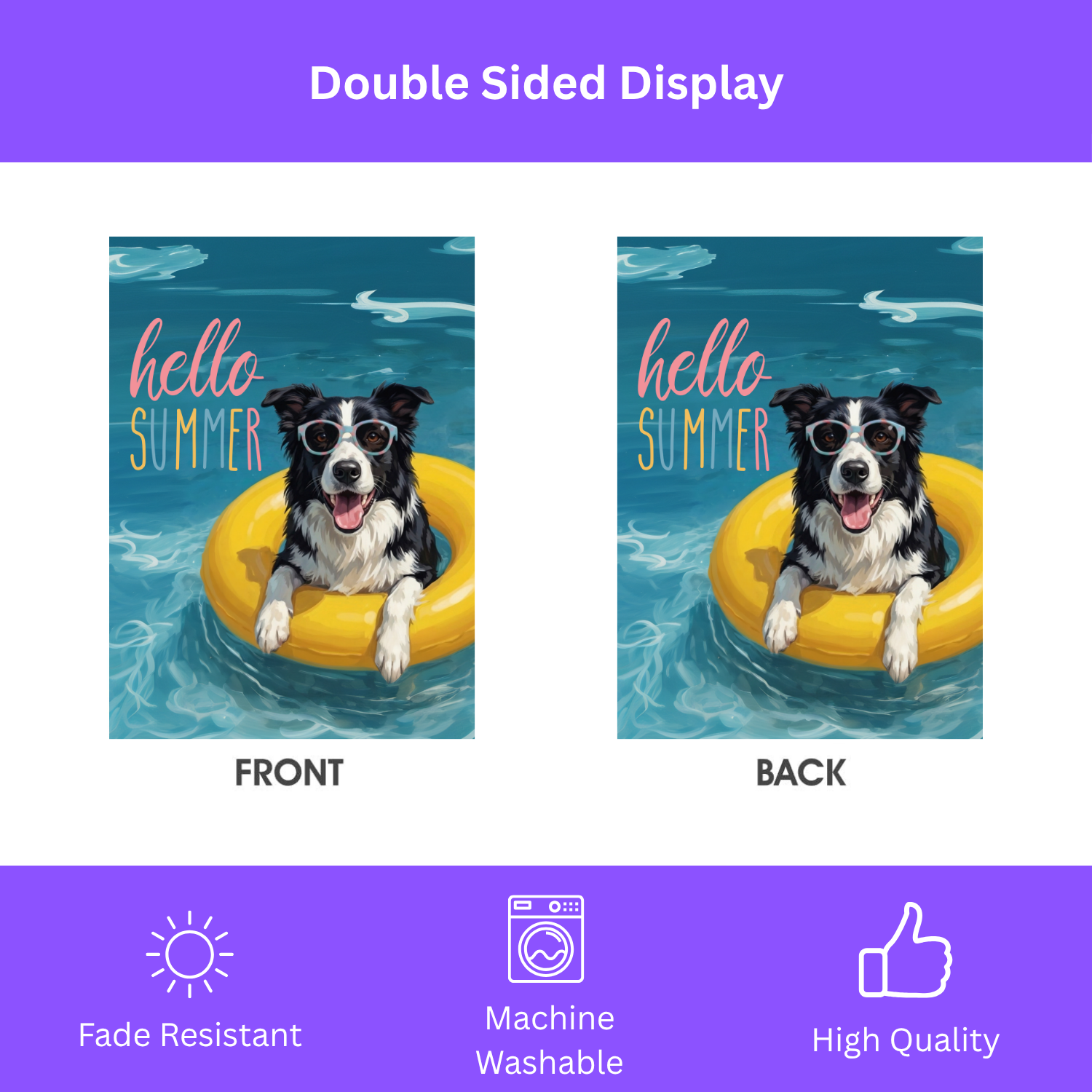 Hello Summer Black and White Border Collie Garden Flag