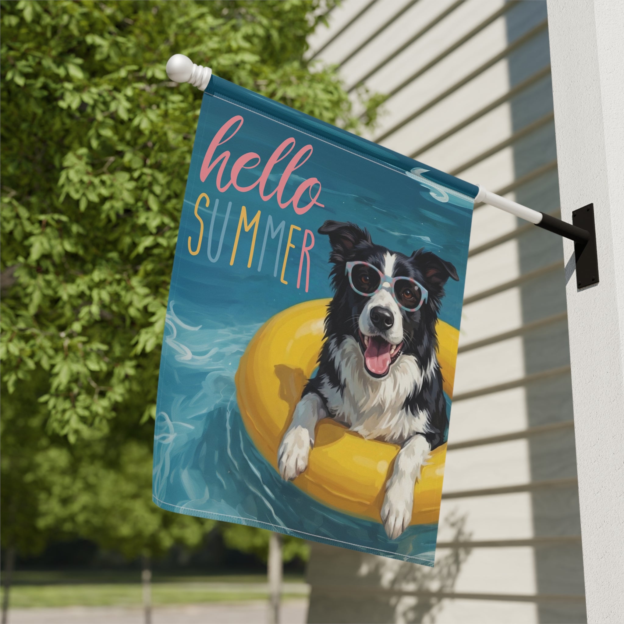 Hello Summer Black and White Border Collie Garden Flag