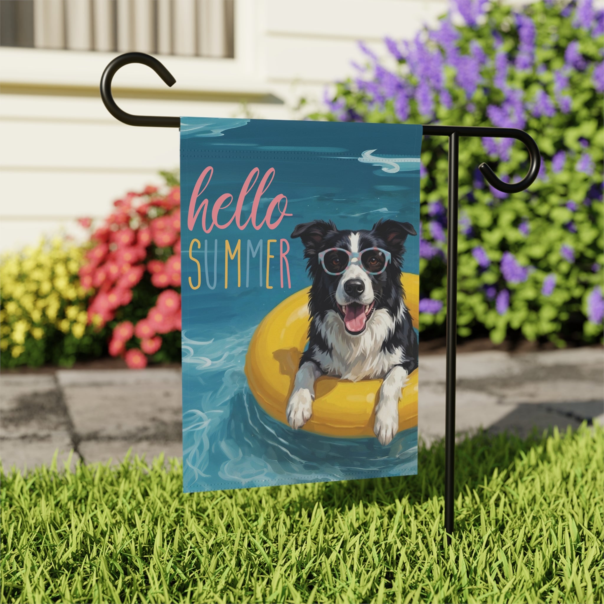Hello Summer Black and White Border Collie Garden Flag