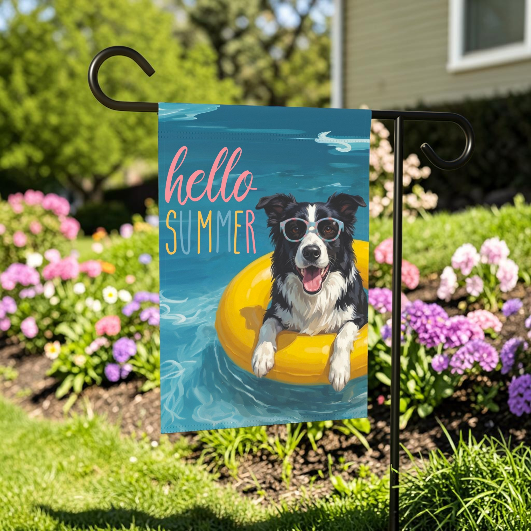 Hello Summer Black and White Border Collie Garden Flag