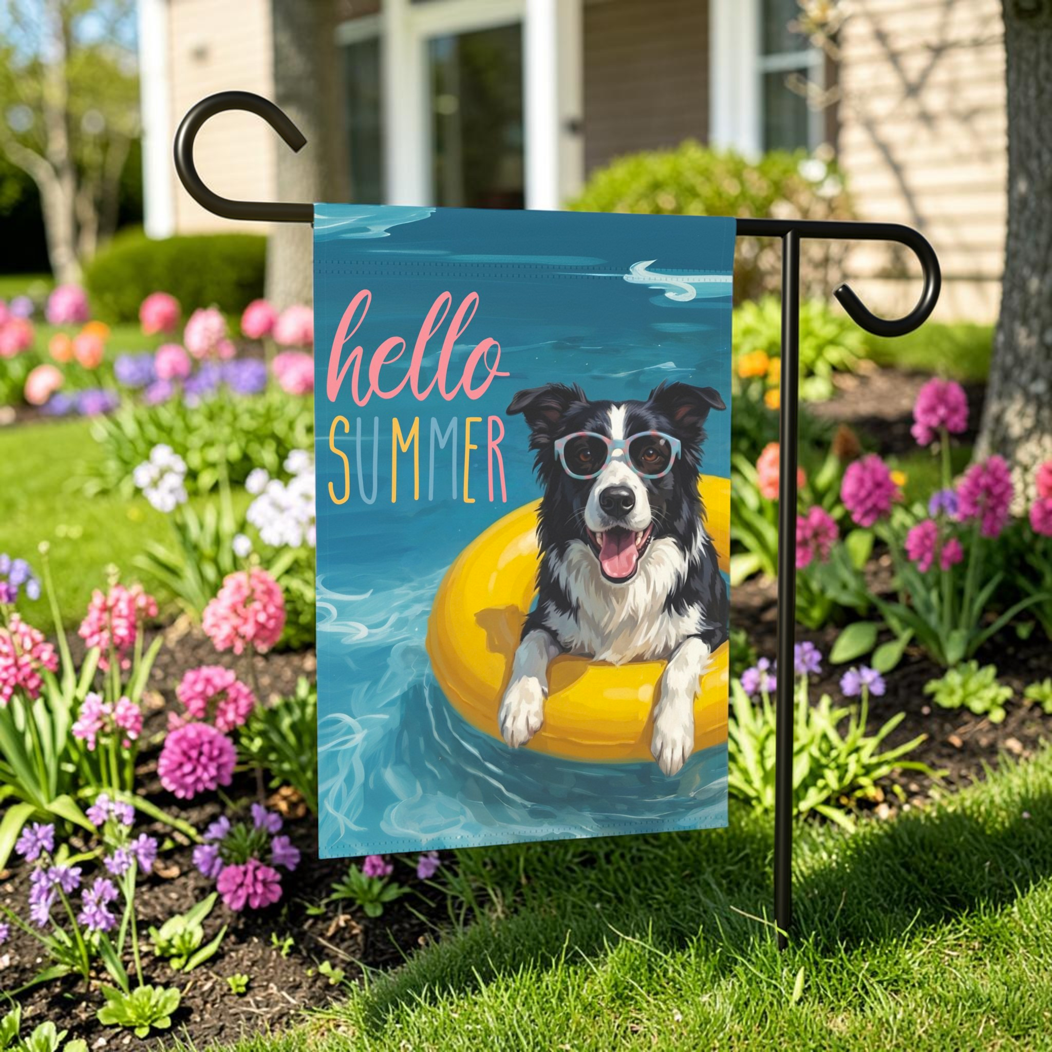 Hello Summer Black and White Border Collie Garden Flag