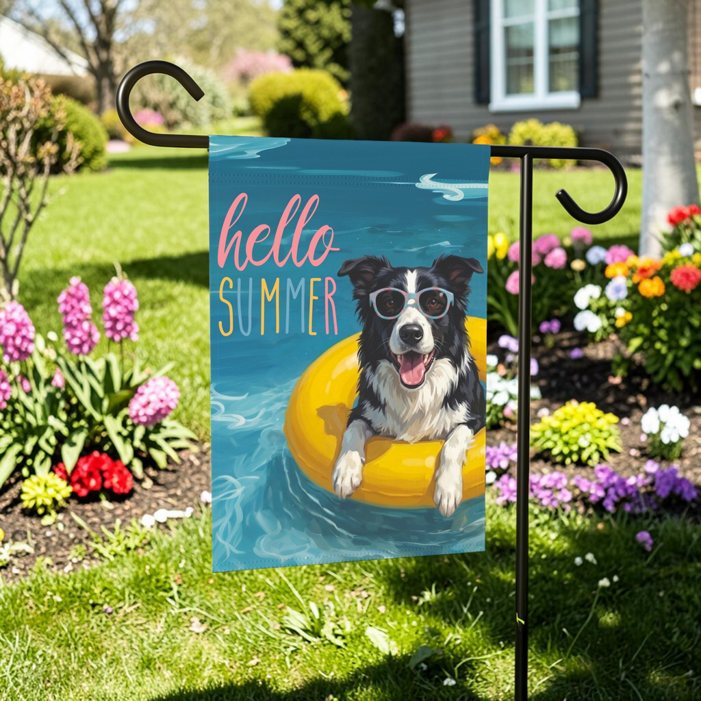 Hello Summer Black and White Border Collie Garden Flag - lifestyle display - Dragonfire Gardens
