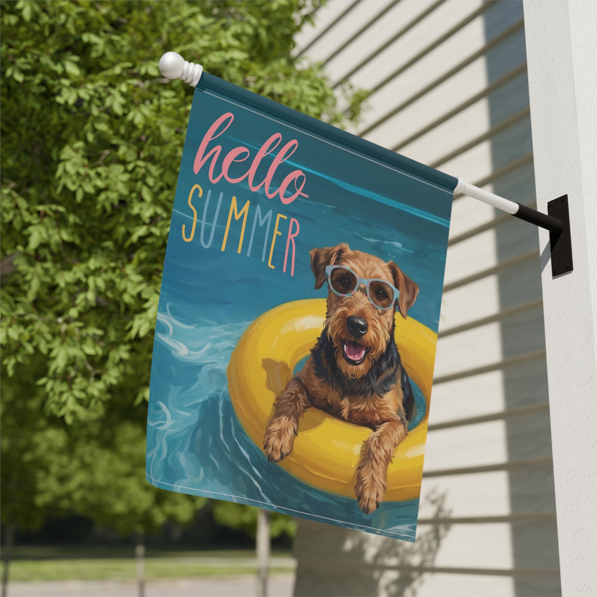 Hello Summer Airedale Terrier Garden Flag - yard display - Dragonfire Gardens