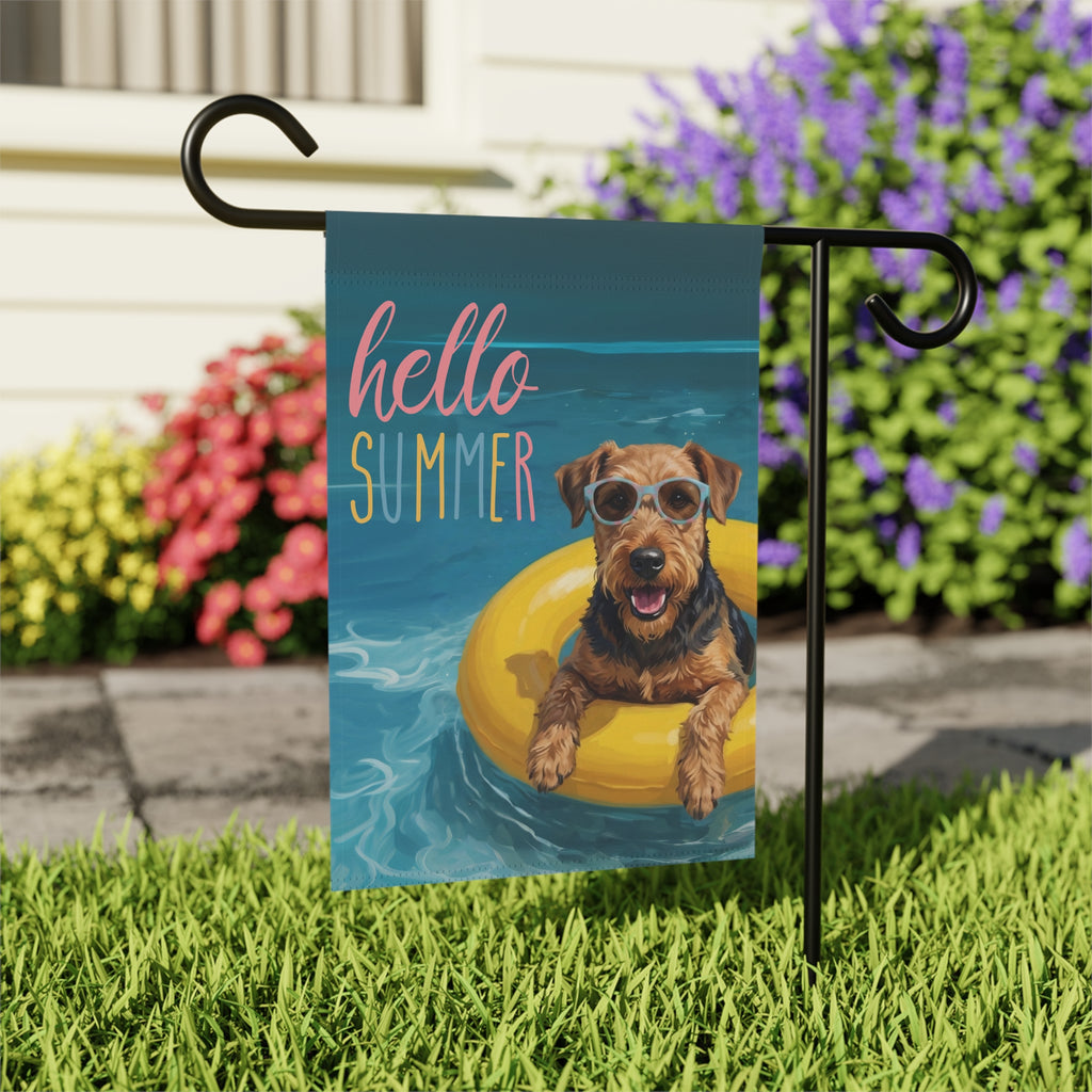 Hello Summer Airedale Terrier Garden Flag - close-up detail - Dragonfire Gardens