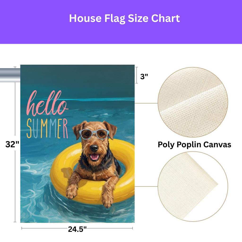 Hello Summer Airedale Terrier Garden Flag - size comparison - Dragonfire Gardens