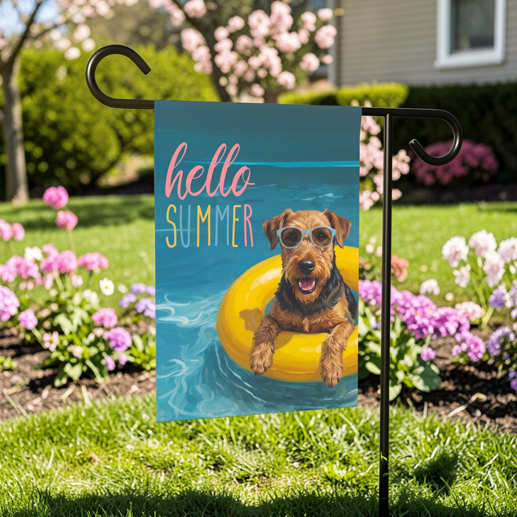 Hello Summer Airedale Terrier Garden Flag - lifestyle display - Dragonfire Gardens