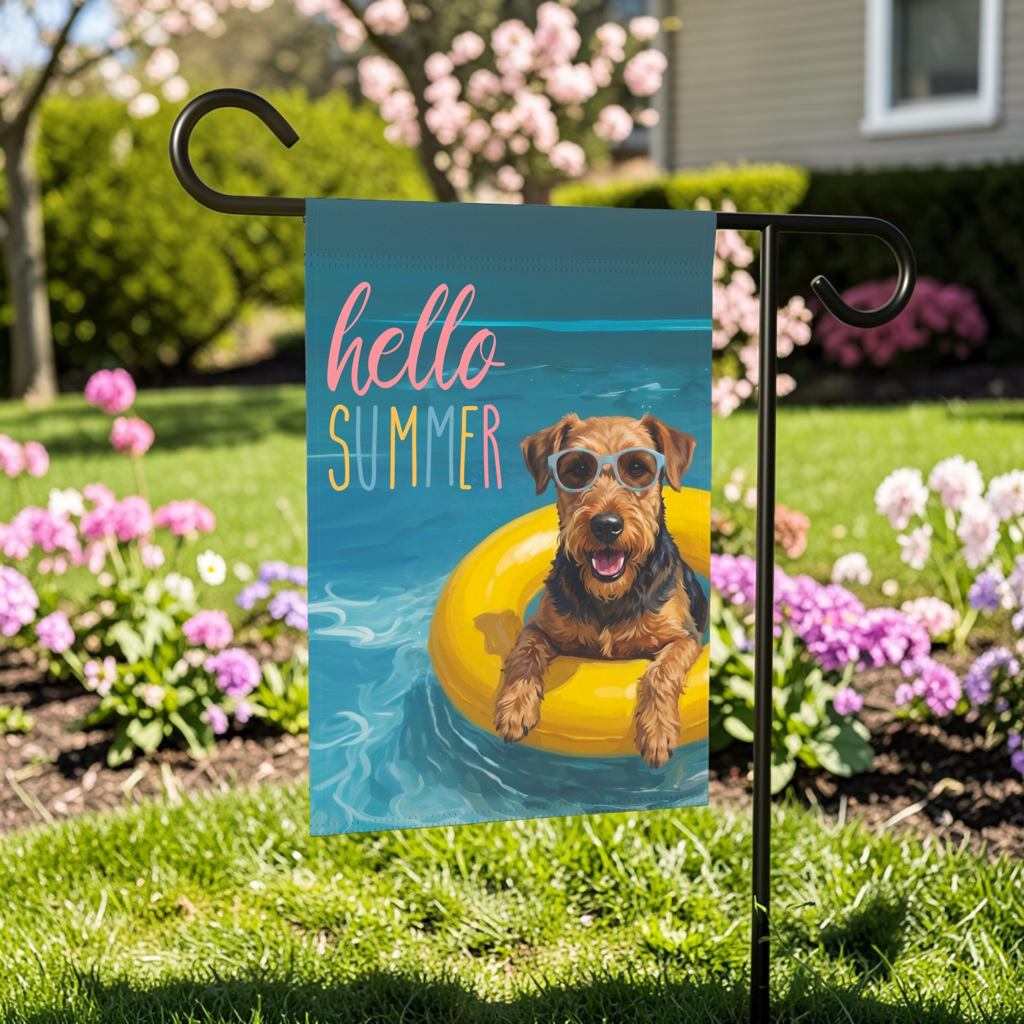 Hello Summer Airedale Terrier Garden Flag - lifestyle display - Dragonfire Gardens