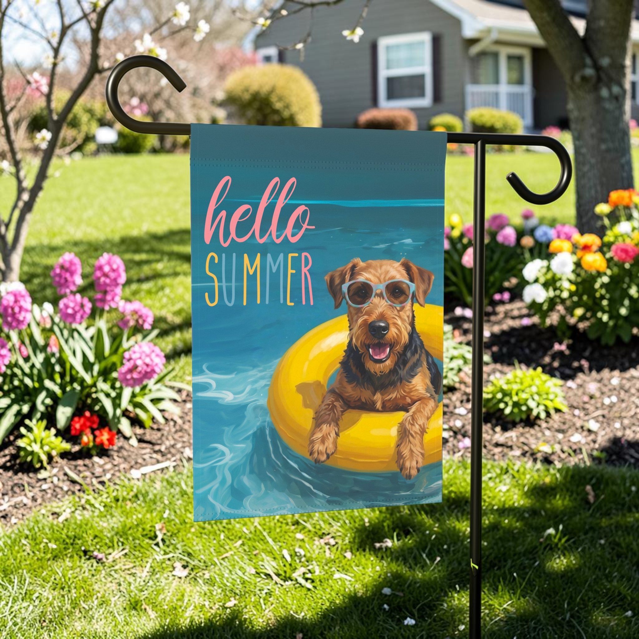 Hello Summer Airedale Terrier Garden Flag - outdoor display - Dragonfire Gardens