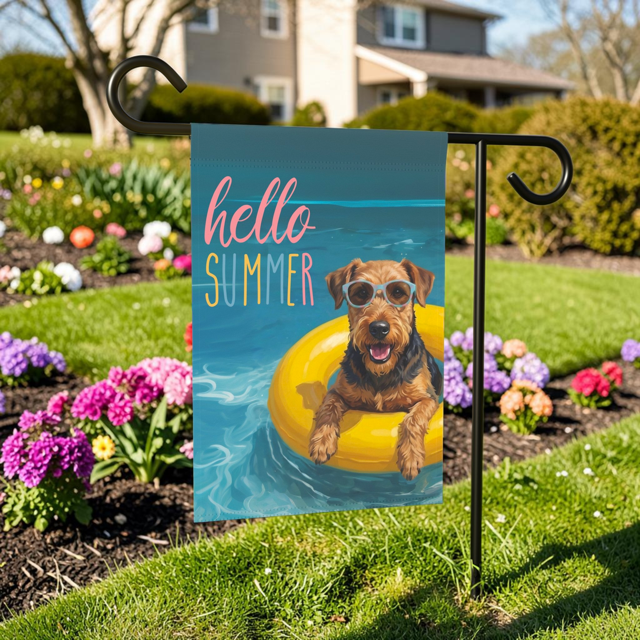 Hello Summer Airedale Terrier Garden Flag - front view - Dragonfire Gardens