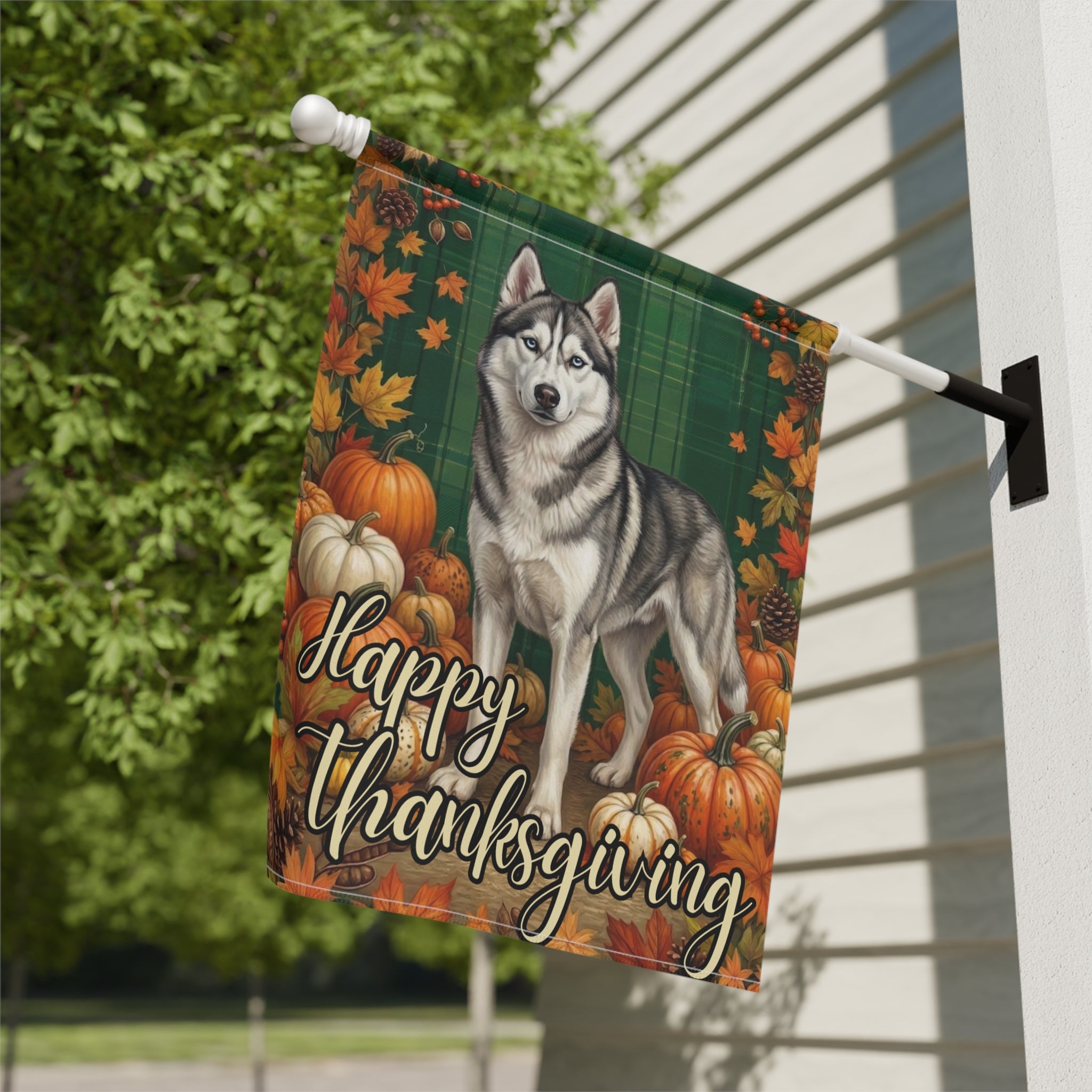 Happy Thanksgiving Siberian Husky Garden Flag - yard display - Dragonfire Gardens