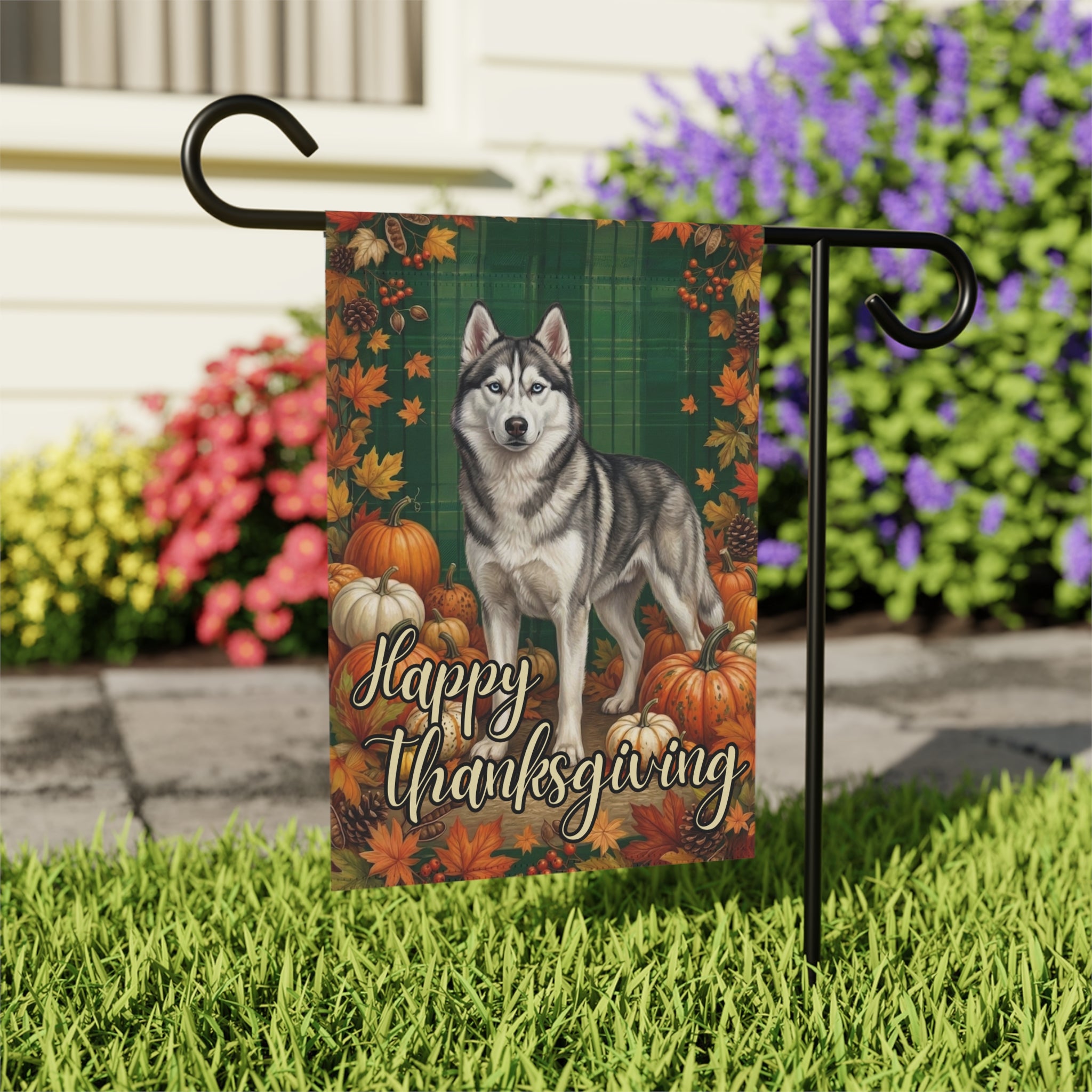 Happy Thanksgiving Siberian Husky Garden Flag - close-up detail - Dragonfire Gardens