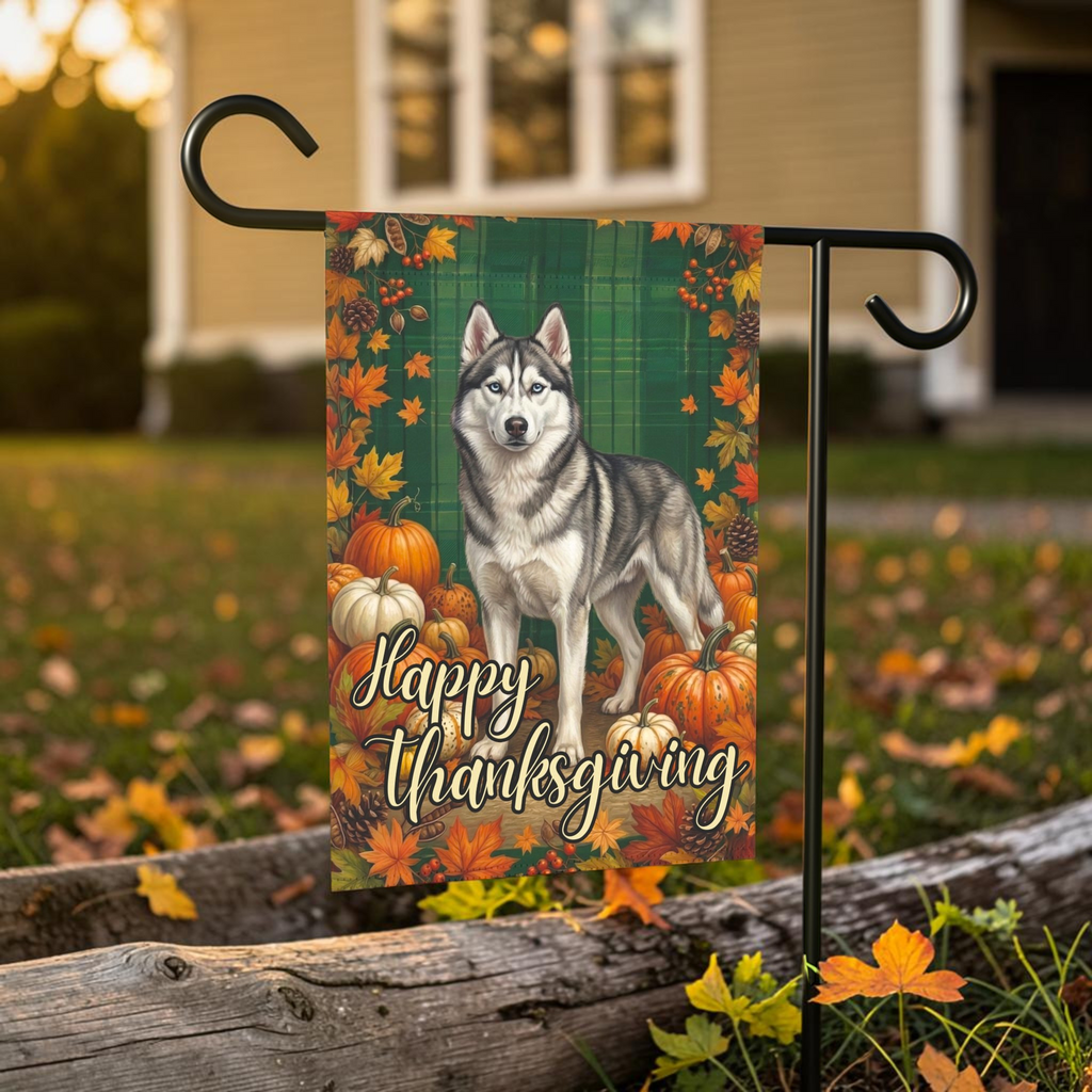 Happy Thanksgiving Siberian Husky Garden Flag - lifestyle display - Dragonfire Gardens