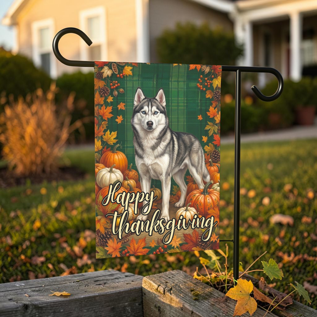 Happy Thanksgiving Siberian Husky Garden Flag - outdoor display - Dragonfire Gardens