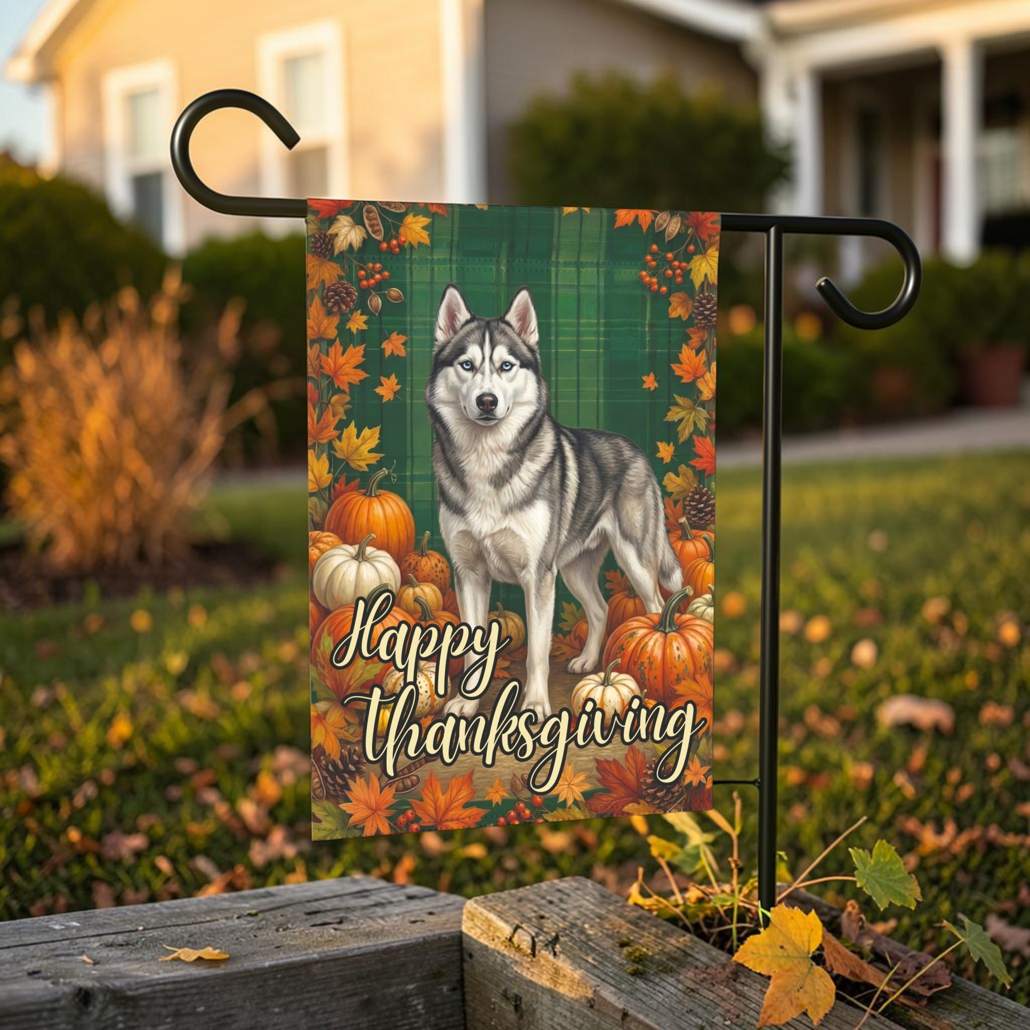 Happy Thanksgiving Siberian Husky Garden Flag - outdoor display - Dragonfire Gardens