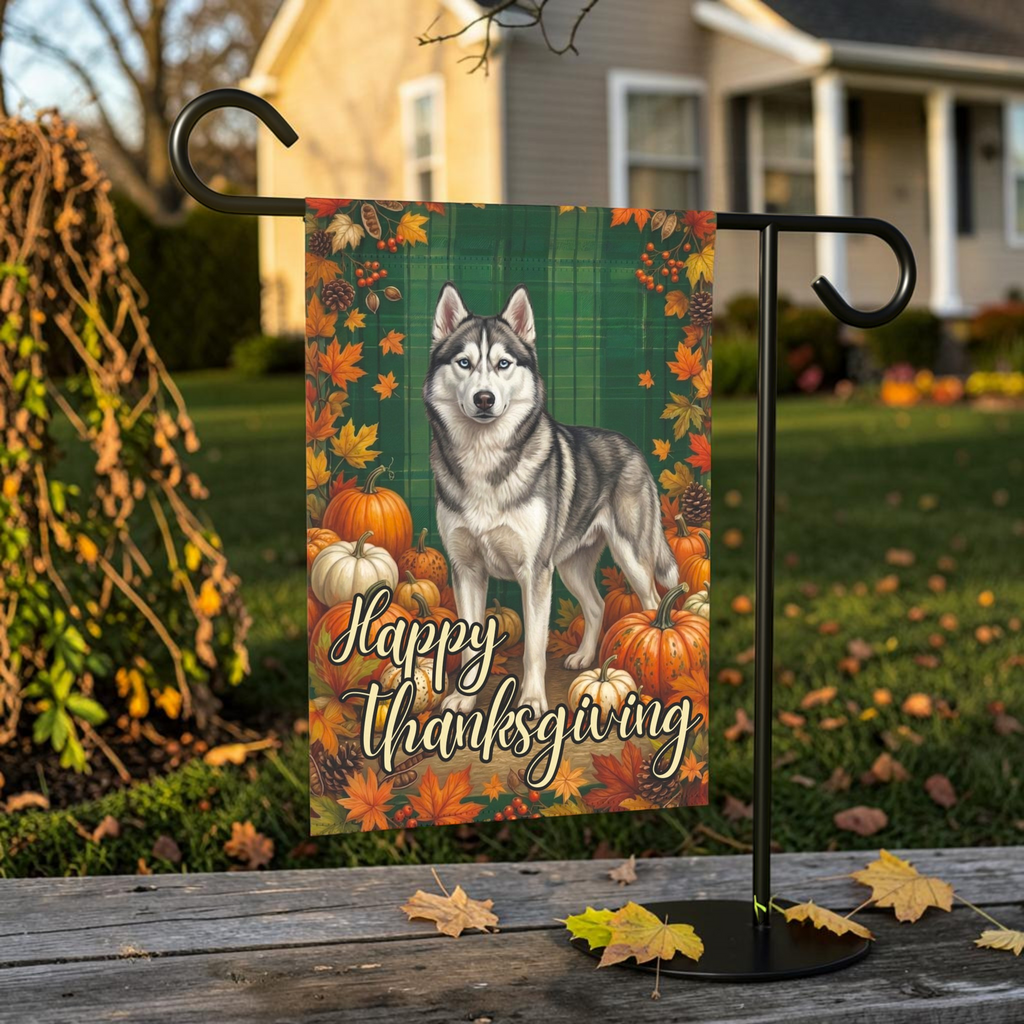 Happy Thanksgiving Siberian Husky Garden Flag - front view - Dragonfire Gardens