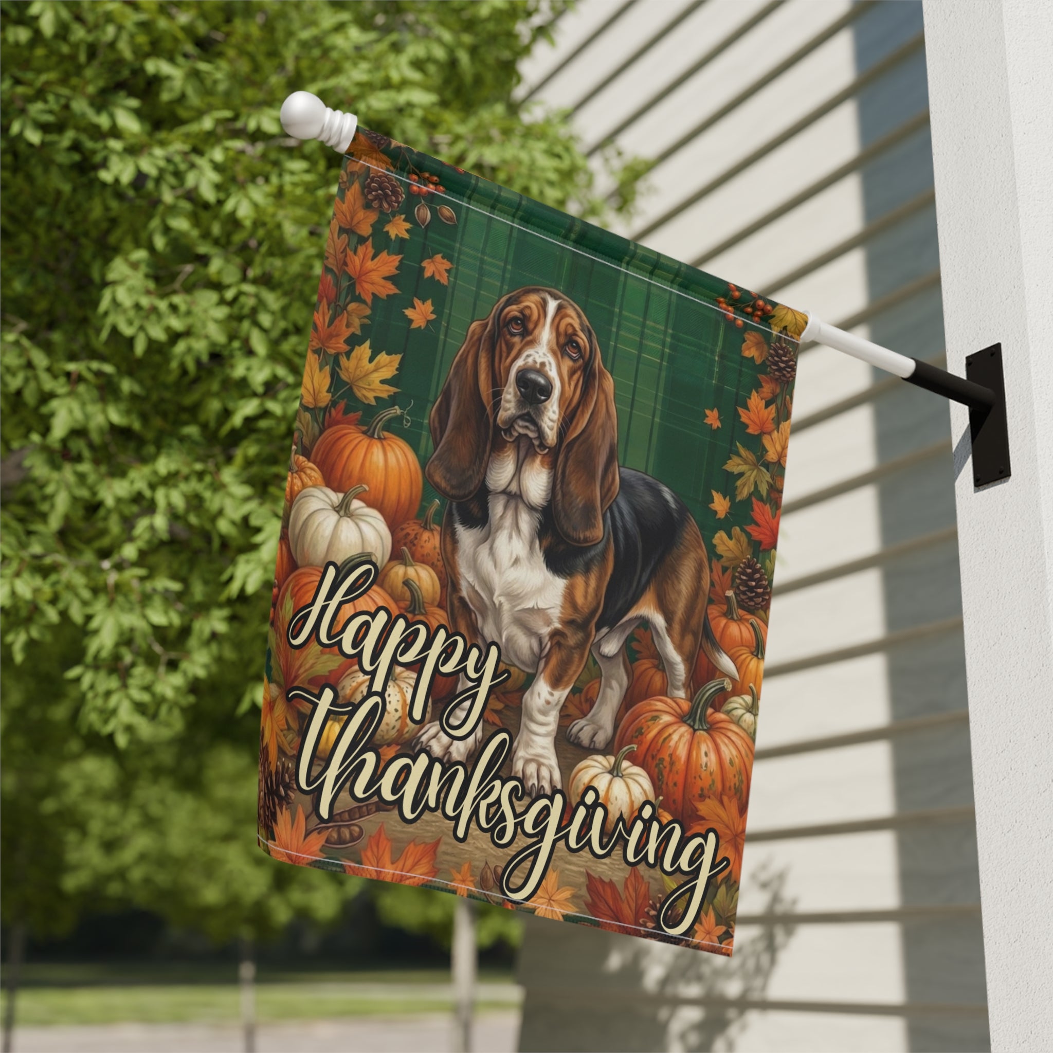 Happy Thanksgiving Basset Hound Garden Flag - yard display - Dragonfire Gardens