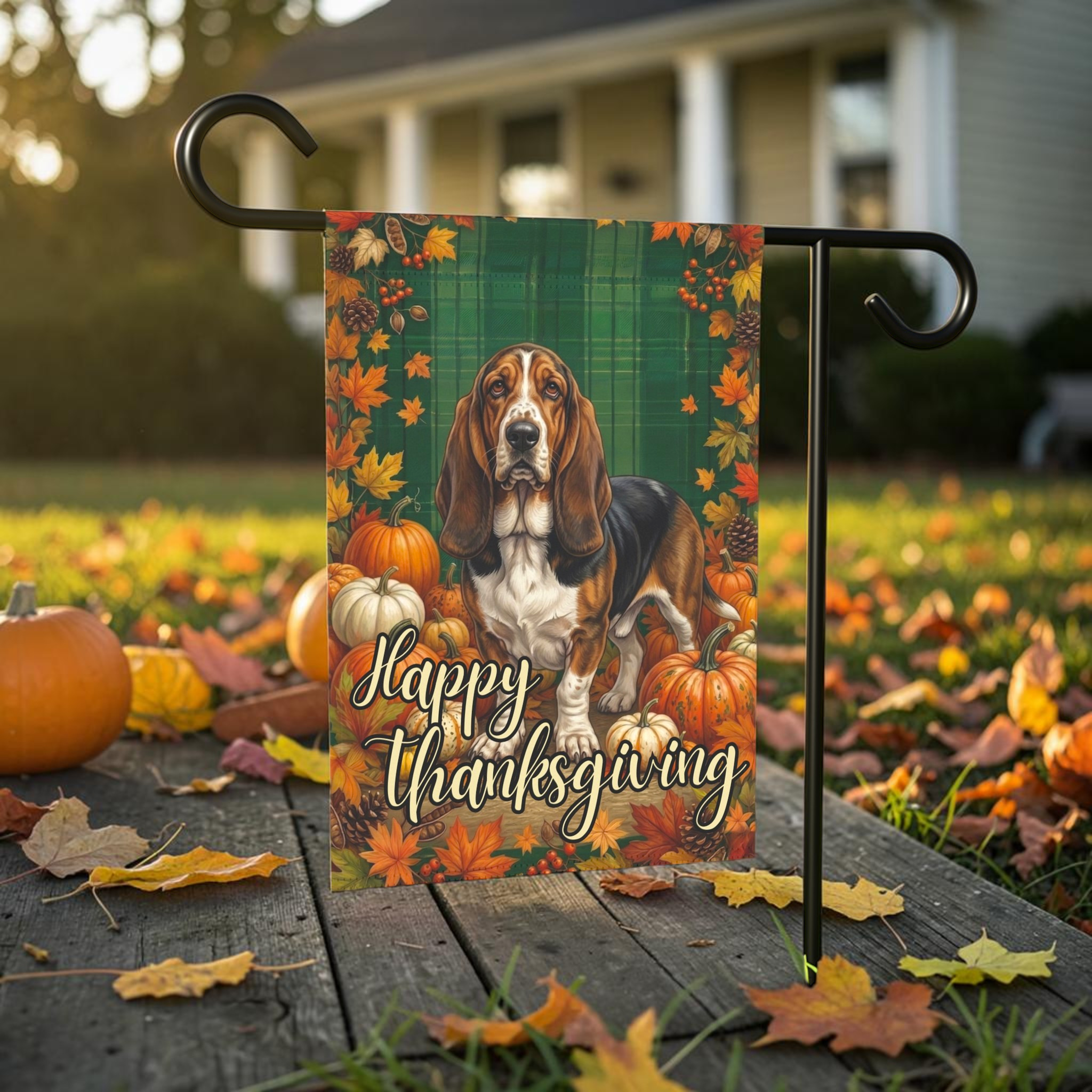 Happy Thanksgiving Basset Hound Garden Flag