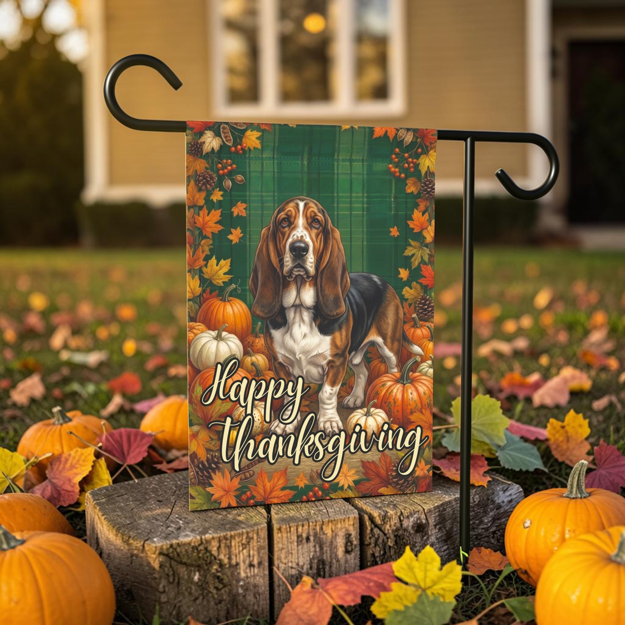 Happy Thanksgiving Basset Hound Garden Flag