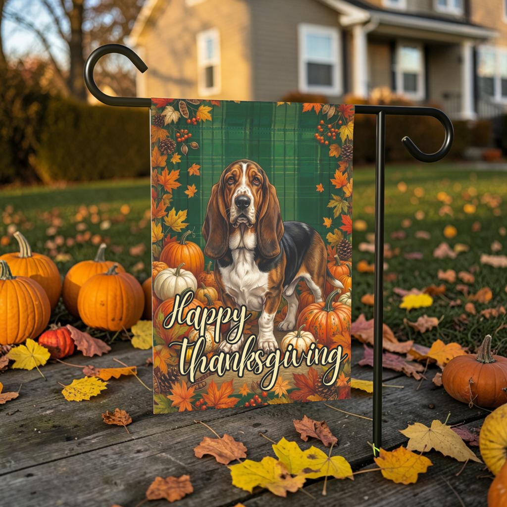 Happy Thanksgiving Basset Hound Garden Flag