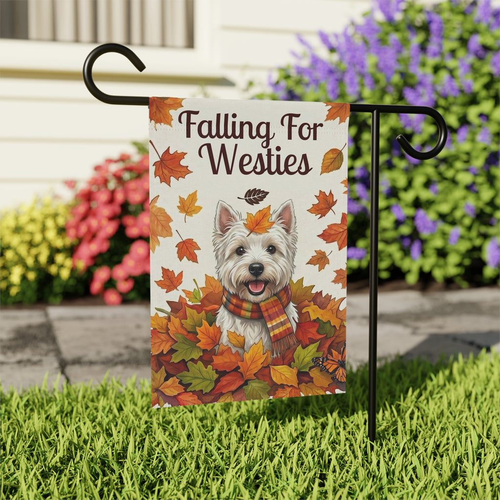 Falling For Westies Autumn Garden Flag - close-up detail - Dragonfire Gardens