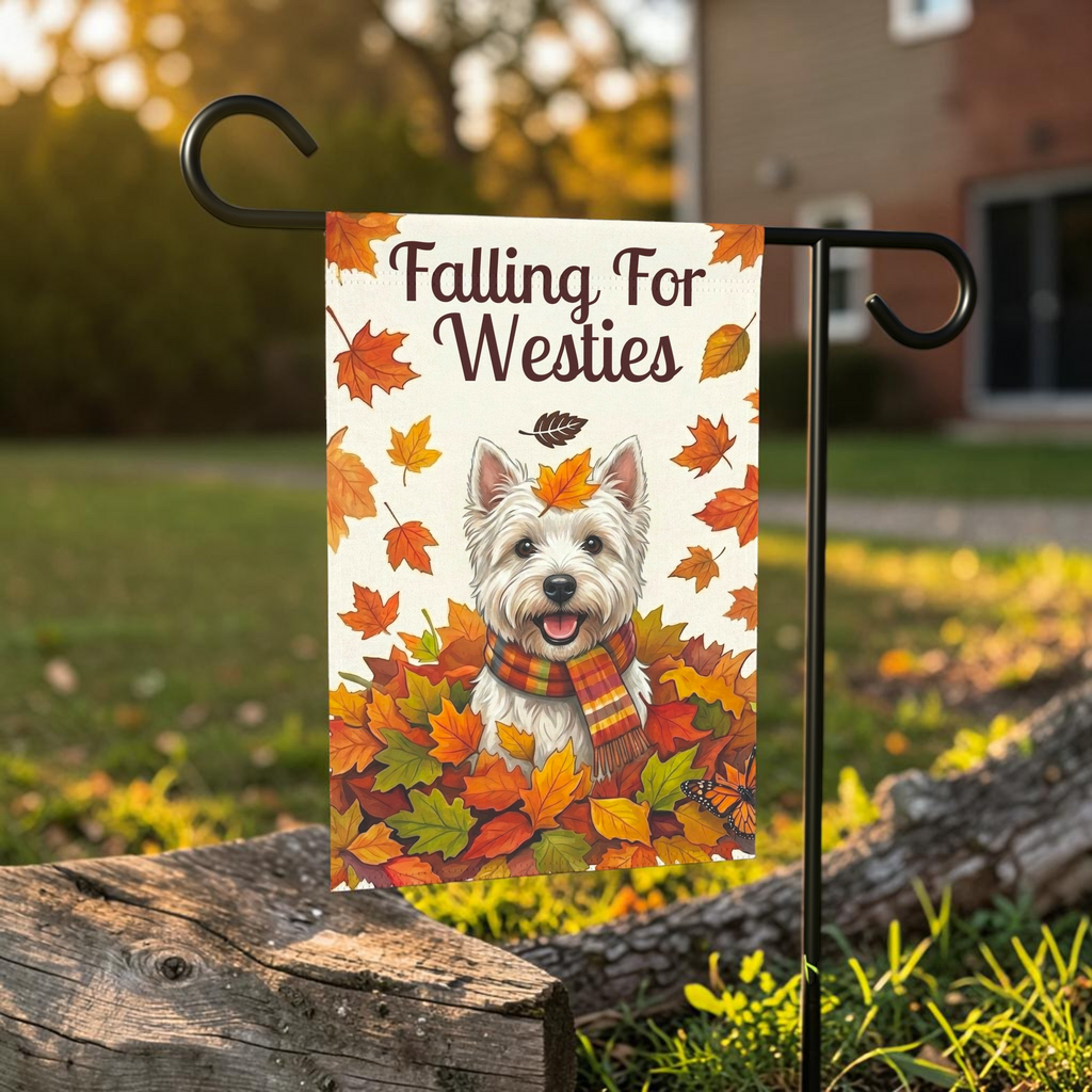 Falling For Westies Autumn Garden Flag - lifestyle display - Dragonfire Gardens