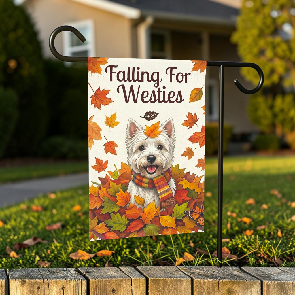 Falling For Westies Autumn Garden Flag - outdoor display - Dragonfire Gardens