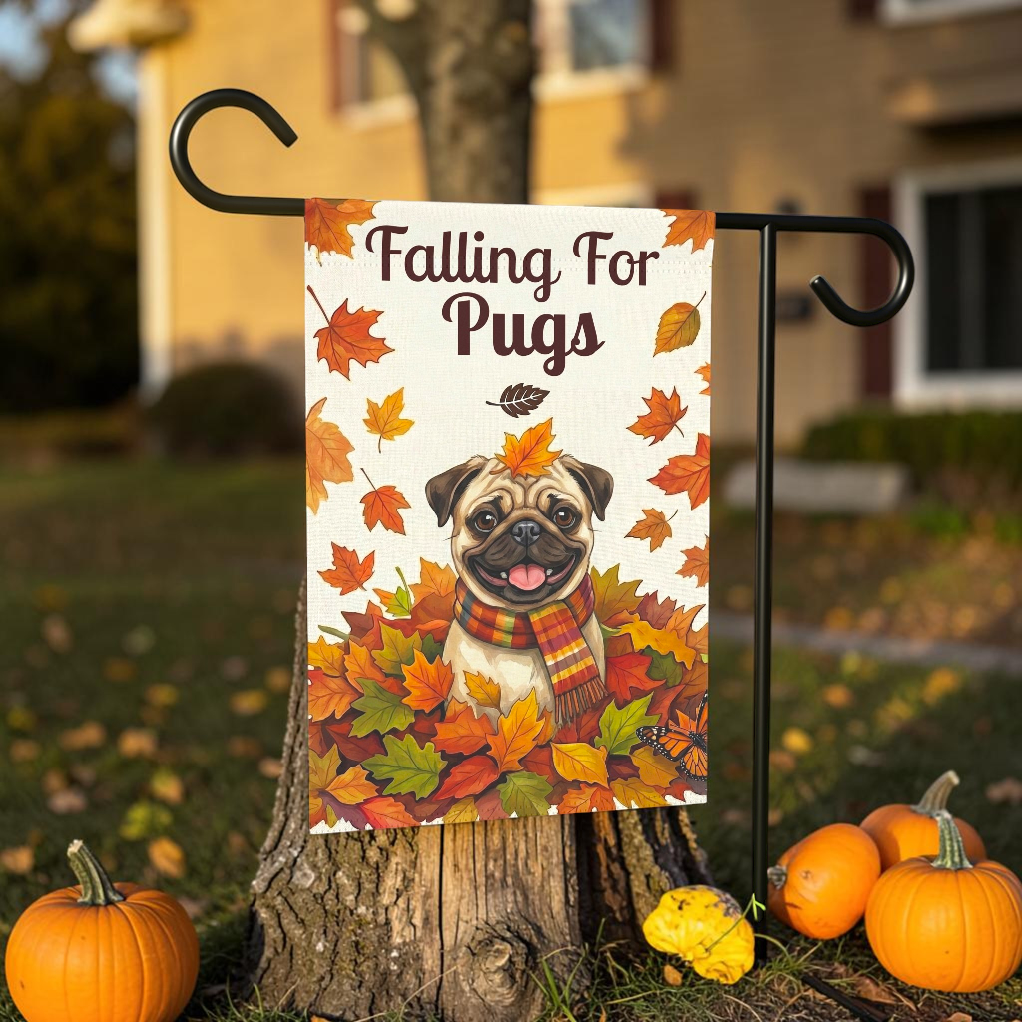 Falling For Pugs Autumn Garden Flag