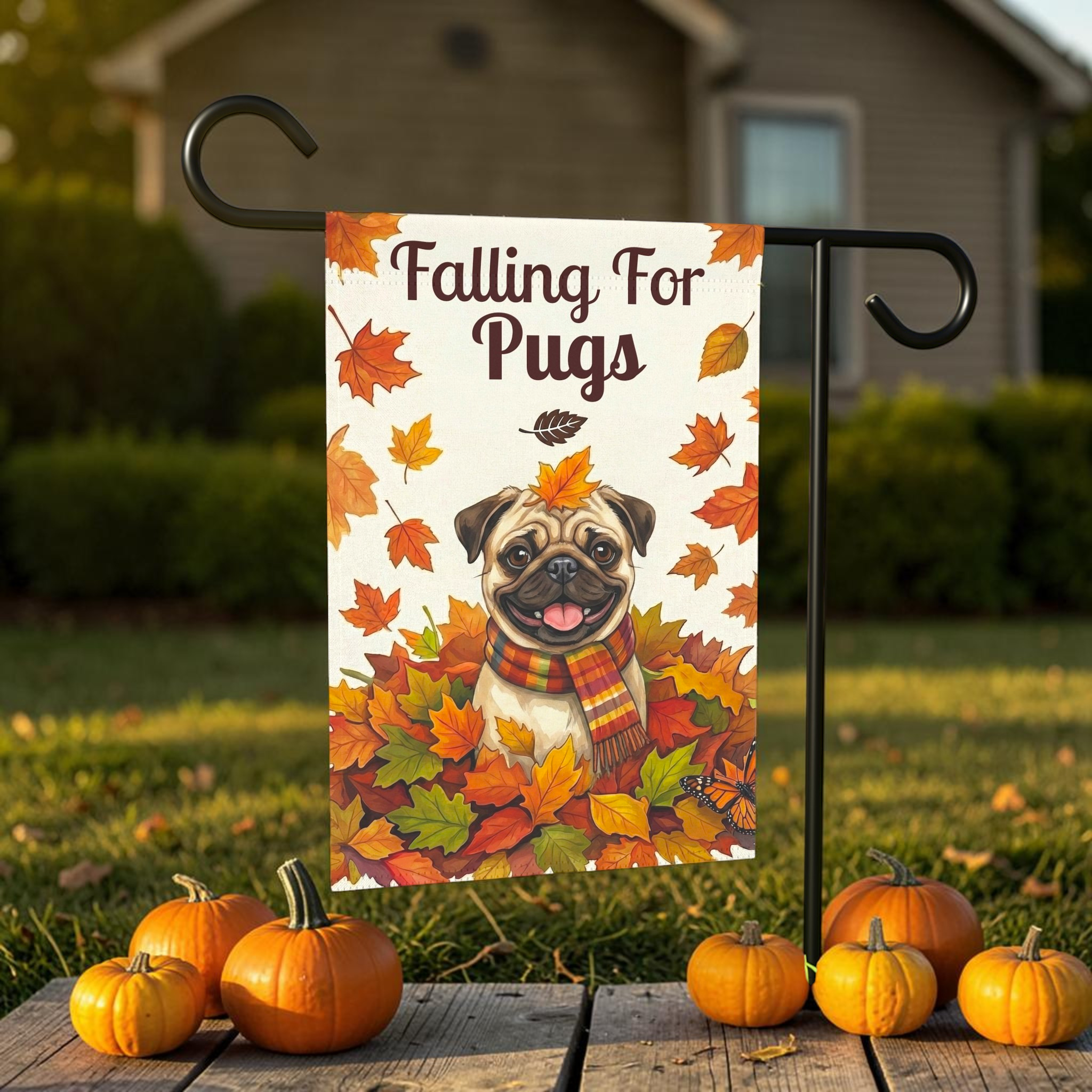 Falling For Pugs Autumn Garden Flag