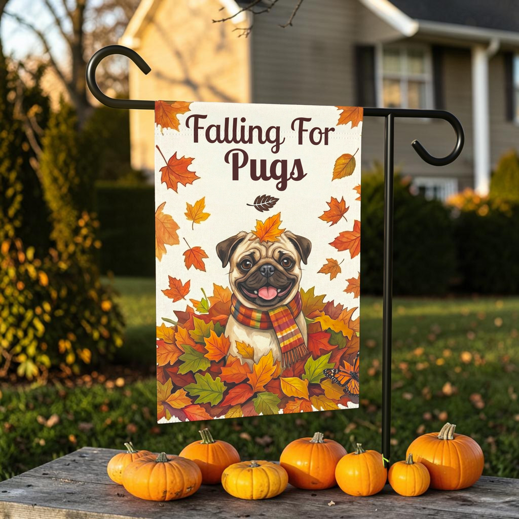 Falling For Pugs Autumn Garden Flag - lifestyle display - Dragonfire Gardens