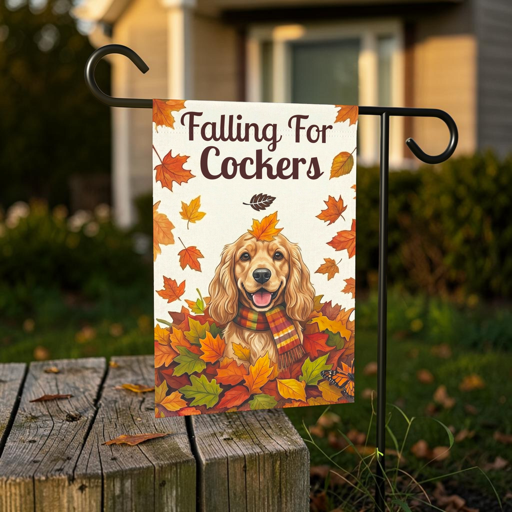 Falling For Cockers Autumn Garden Flag - outdoor display - Dragonfire Gardens